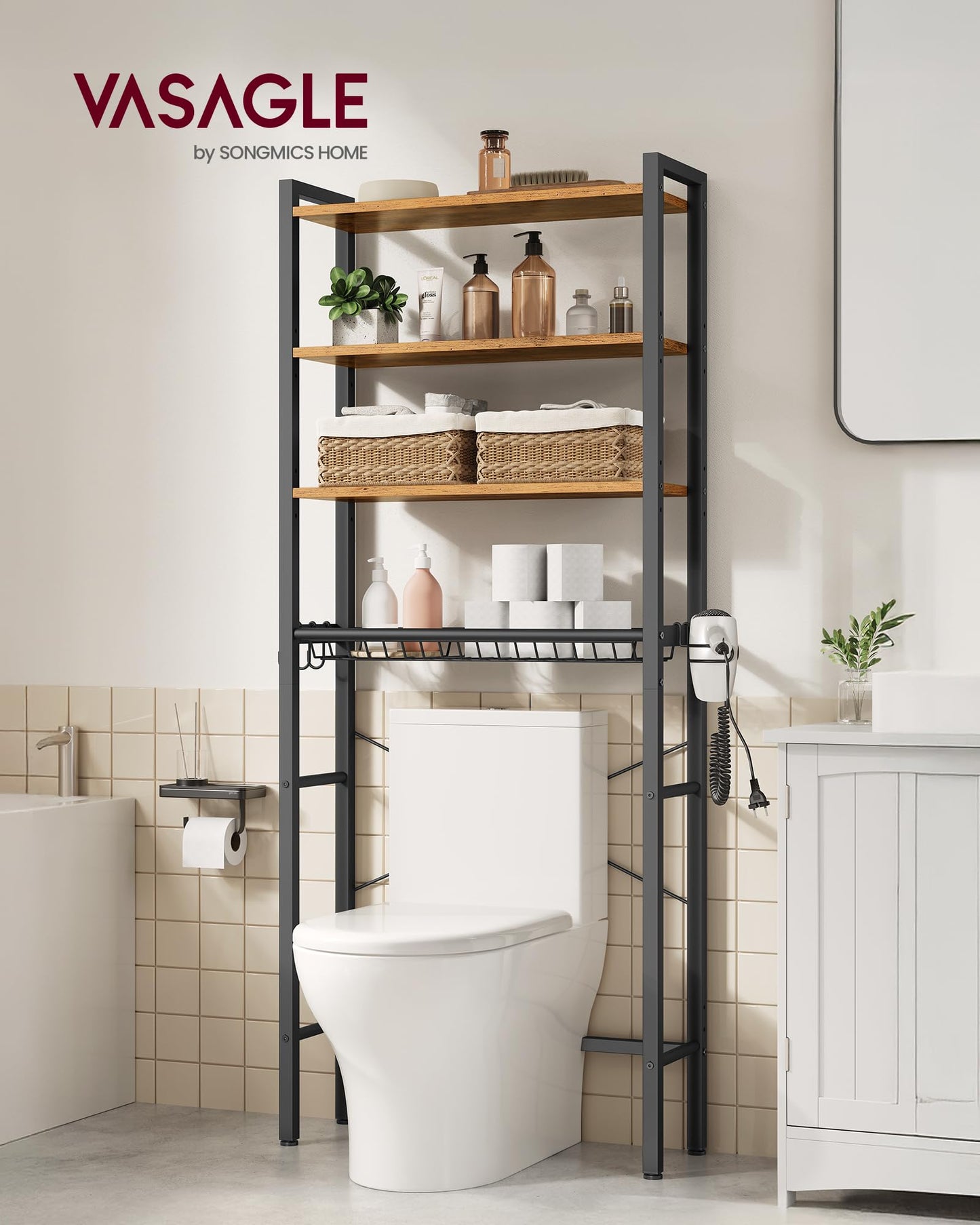VASAGLE Over the Toilet Storage, Over Toilet Bathroom Organizer with Adjustable Shelves and Basket, 3 Hooks, Space Saving, 9.4 x 23.6 x 68.1 Inches, Rustic Brown UBTS114KD01S