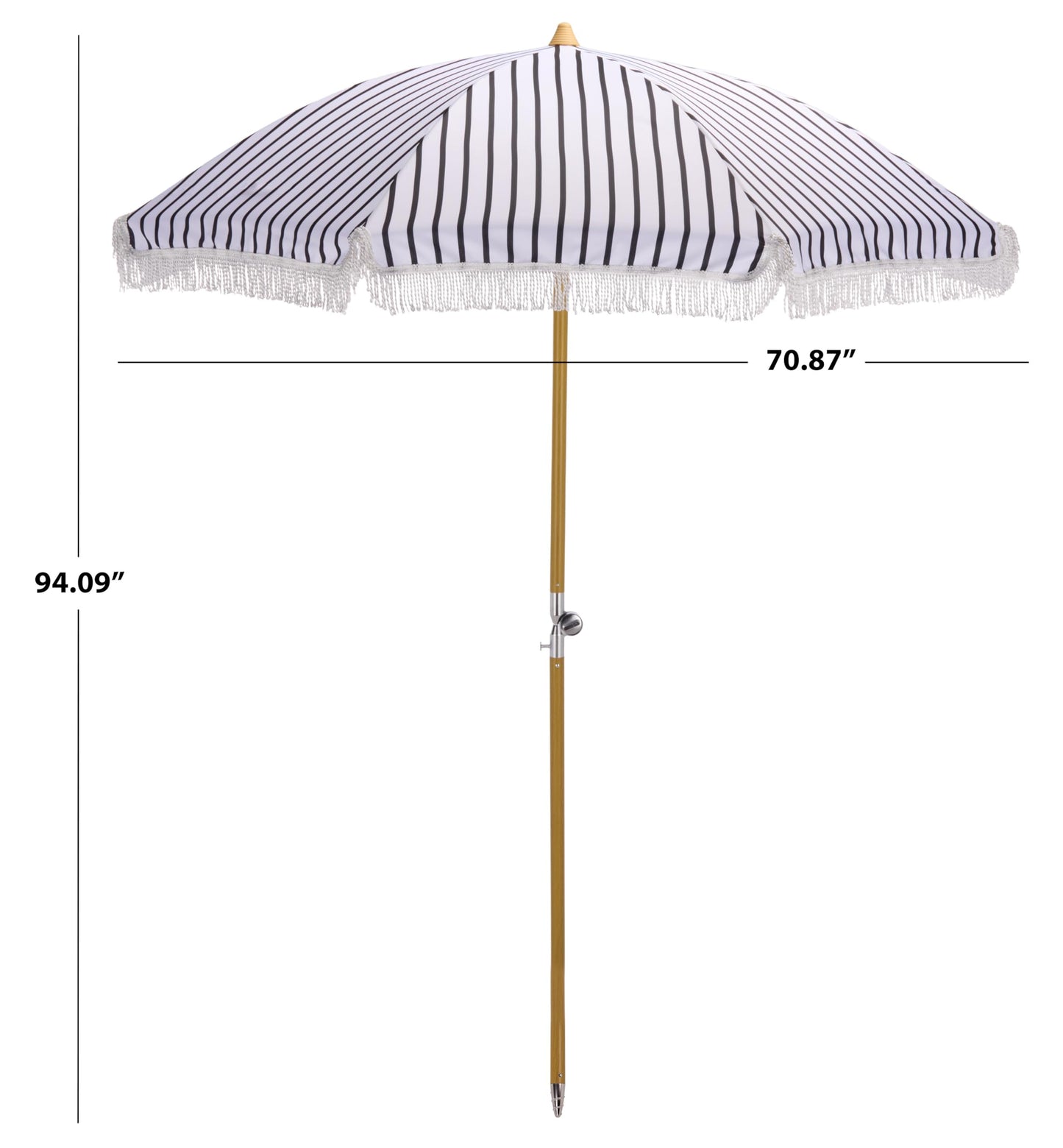 SAFAVIEH Outdoor - Bella 6.5 FT Beach Umbrella - Black Striped Canopy with White Fringe Trim, Tilt Function, Aluminum Pole with Wood Grain Finish, Weather Resistant for Beach, Patio, Garden (PAT8504A)
