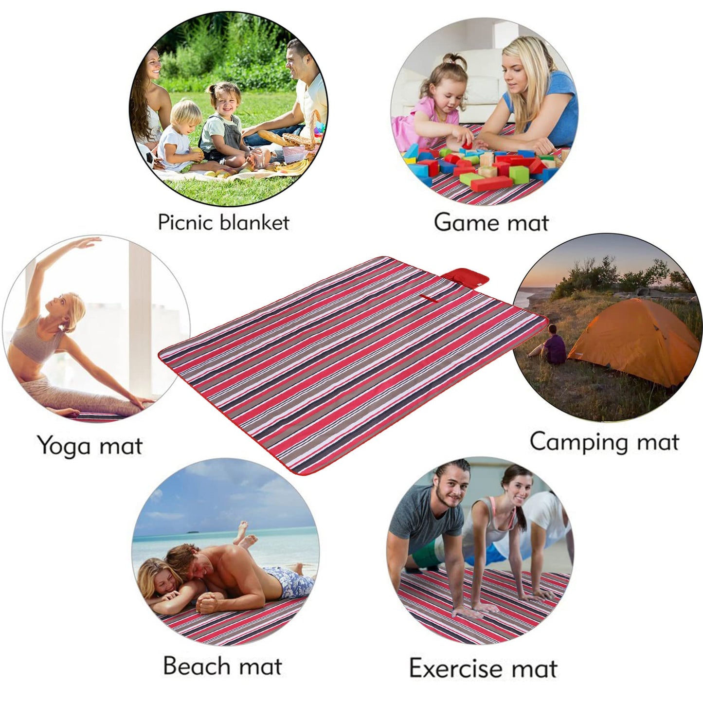 FashionLive Beach Blanket Picnic Mat Sandproof Waterproof Extra Large Outdoor Camping Blanket Foldable Portable Picnic Mat for Travel Hiking Music Festival Park Lawn Grass Red Lines