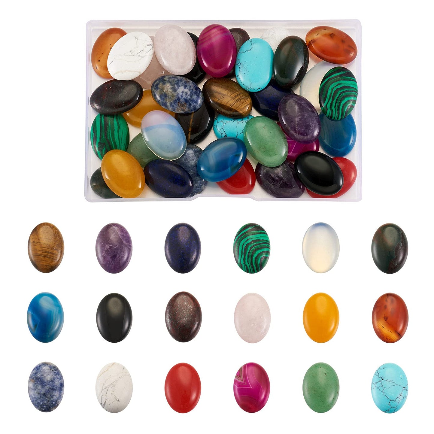 Fashewelry 36pcs Oval Healing Crystal Gemstone Cabochons 25x18mm Assorted Flatback Natural & Synthetic Energy Stone Cab Covers No Hole for Jewelry Craft Bracelet Necklace Making