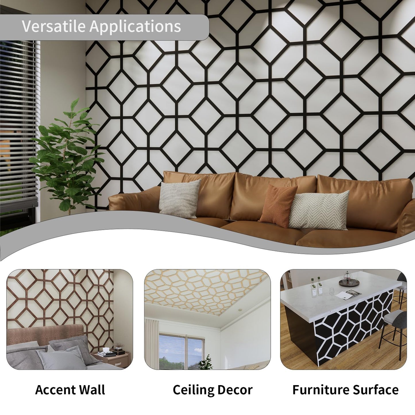 MidModArt PVC Modular Decorative Fretwork Wall Panels for Living Room Lobby Bedroom, 8PCS Cross Grid-Black Matte Black Finish