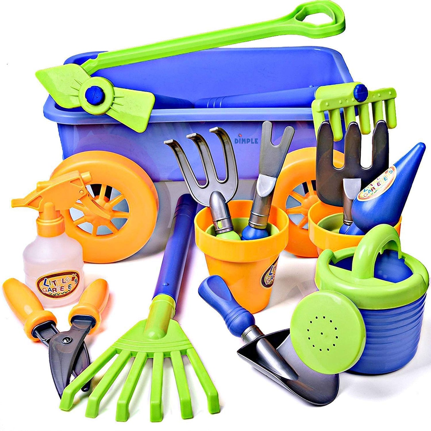 Dimple DCN12752 Garden Wagon & Tools Toy Set Premium 15Piece Gardening Tools & Wagon Toy Set Sturdy & Durable-Top Yd, Beach, Sand, Garden Toy-Great for Kids & Toddlers, Multicolor