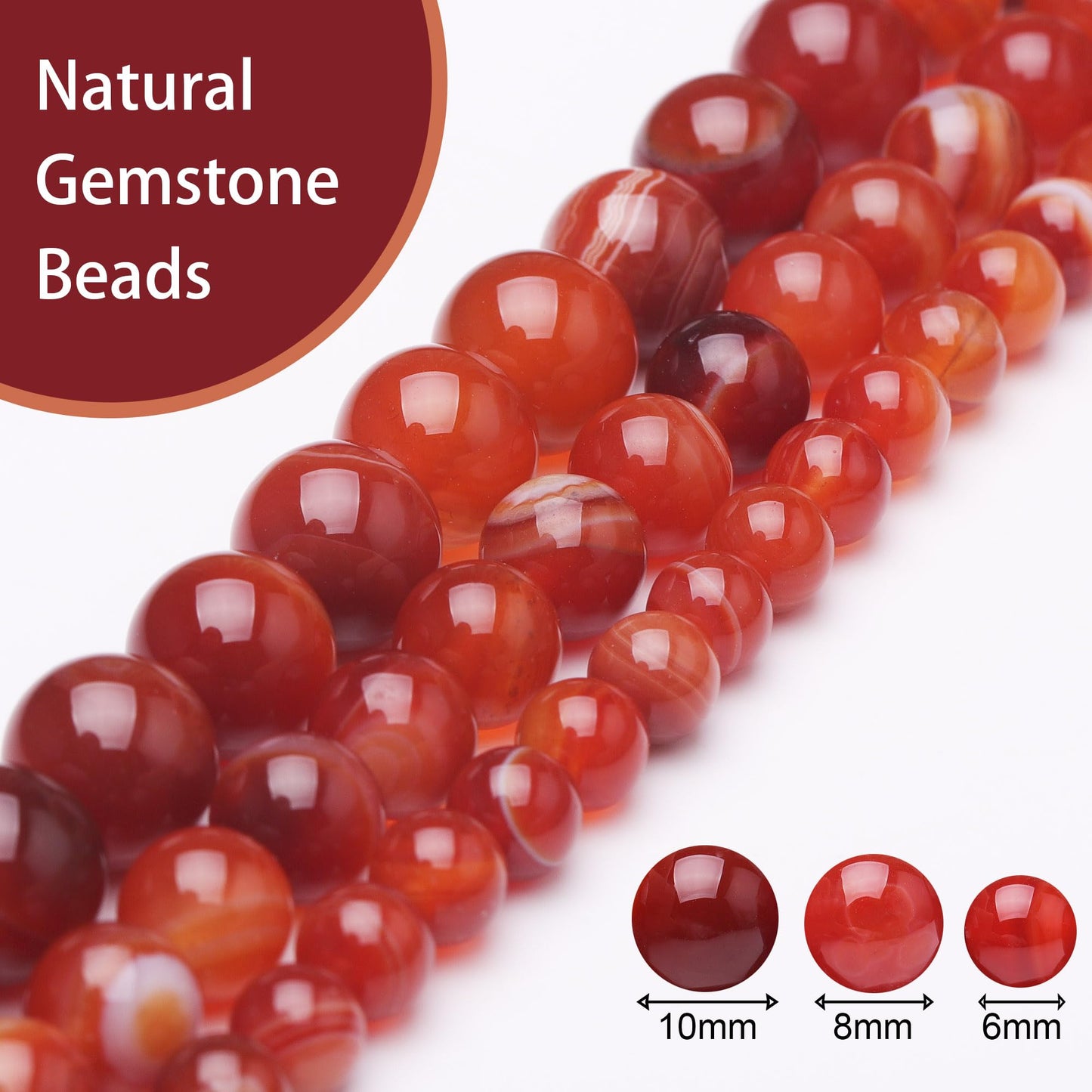 Chicager Natural Stone Beads for Jewelry Making,8mm Red Stripe Agate Polished Smooth Round Gemstone Beads for Bracelet Necklace 15 Inch