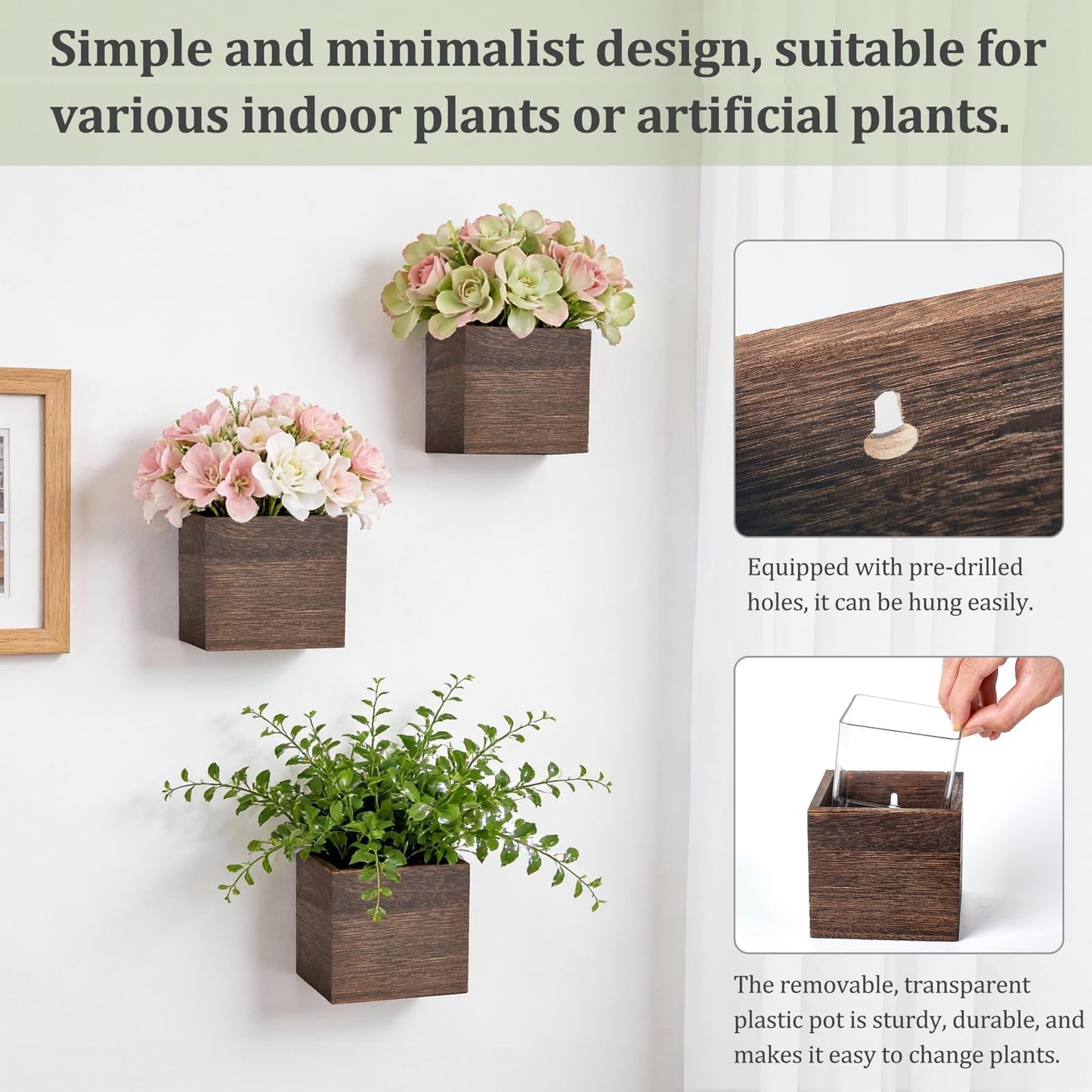 Dahey Small 4 Inch Wood Wall Hanging Planter Boxes for Indoor Plants 3 Pcs Square Rustic Farmhouse Wall Mounted Flower Pot Vases with Plastic Liner for Garden Home Centerpiece Decor(No Plant Included)