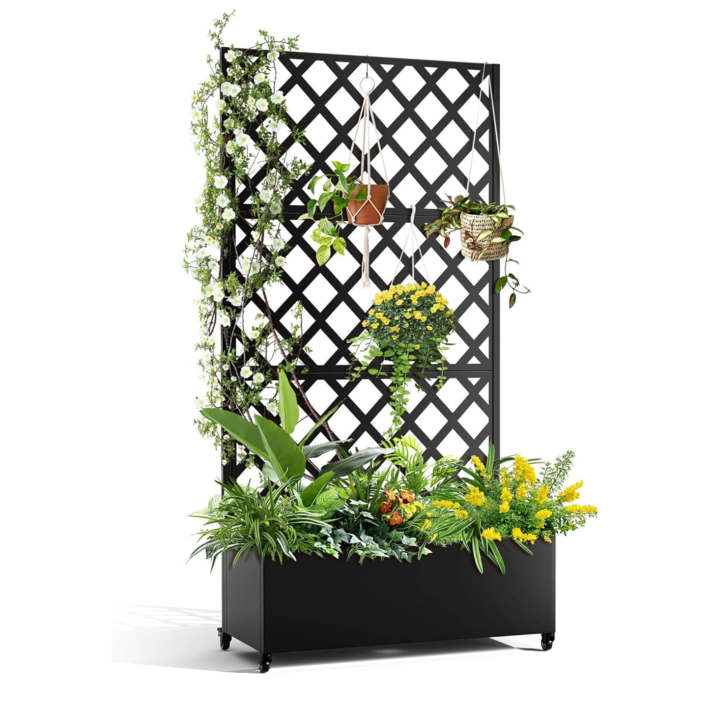 GarveeLife Metal Planter Box, with Diamond Lattice Trellis Planter Box, for Climbing Plants and Vines, Galvanized Raised Garden Bed on Wheels, Garden Bed with Trellis(72 in x35 in Black)