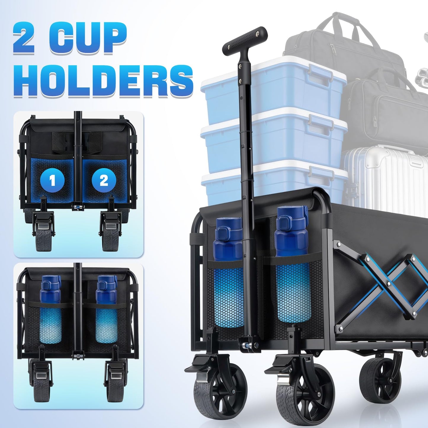 Collapsible Wagon Cart Foldable with Wheels - Heavy Duty 360LBS Portable Folding Utility Shopping Cart with 360° Swivel Brakes Wheels & Cup Holders for Outdoor Camping Beach Grocery Garden