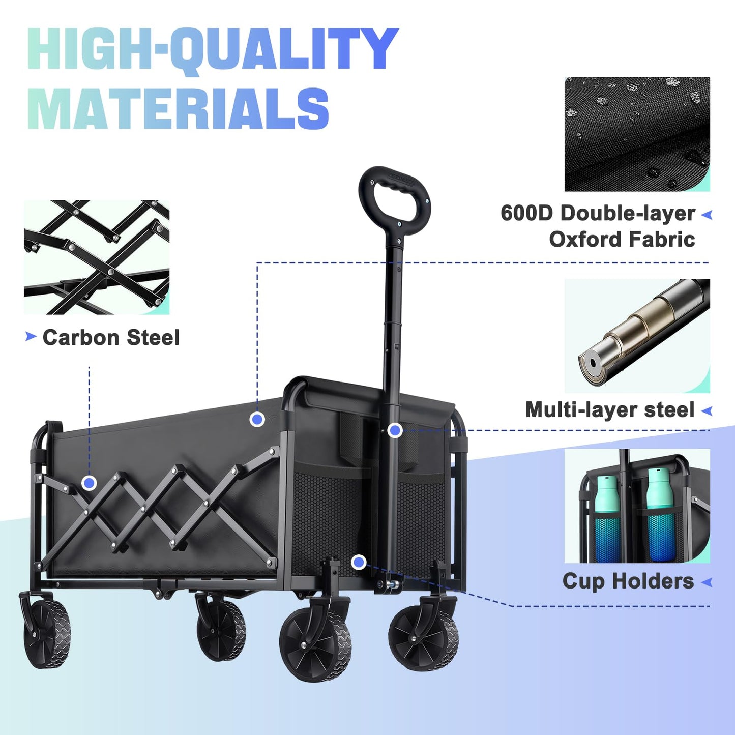 360LBS Collapsible Wagon Cart with Wheels - Heavy Duty Folding Wagon Carts for Grocery, Lightweight Utility Wagon with All-Terrain Wheels & 2 Cup Holders, Portable Beach Wagon for Shopping Garden