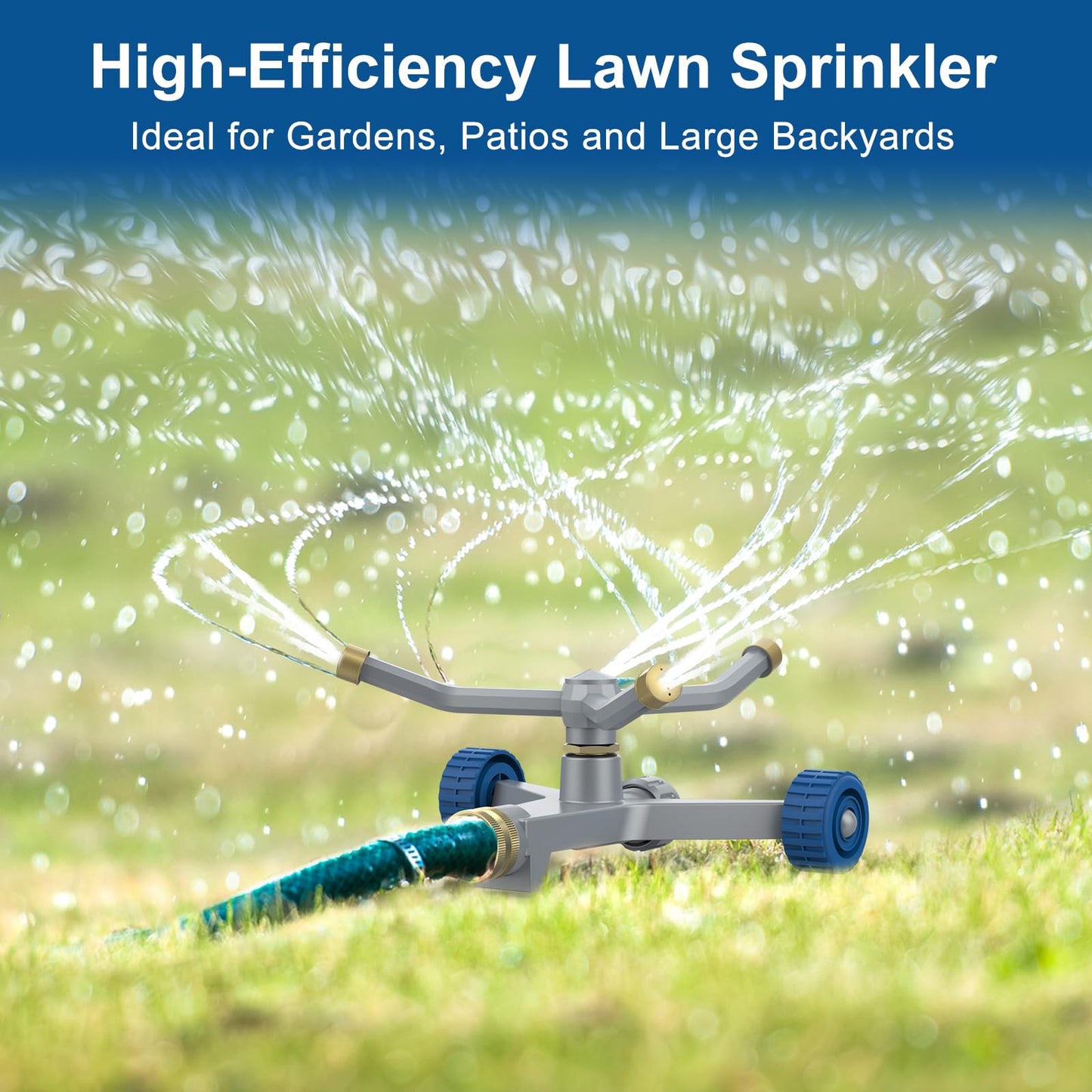 Hydrowe Sprinklers for Yard, 3-Arm Metal Sprinkler with Wheel Base, 360-degree Automatic Rotary Lawn Sprinkler System for Garden Yard