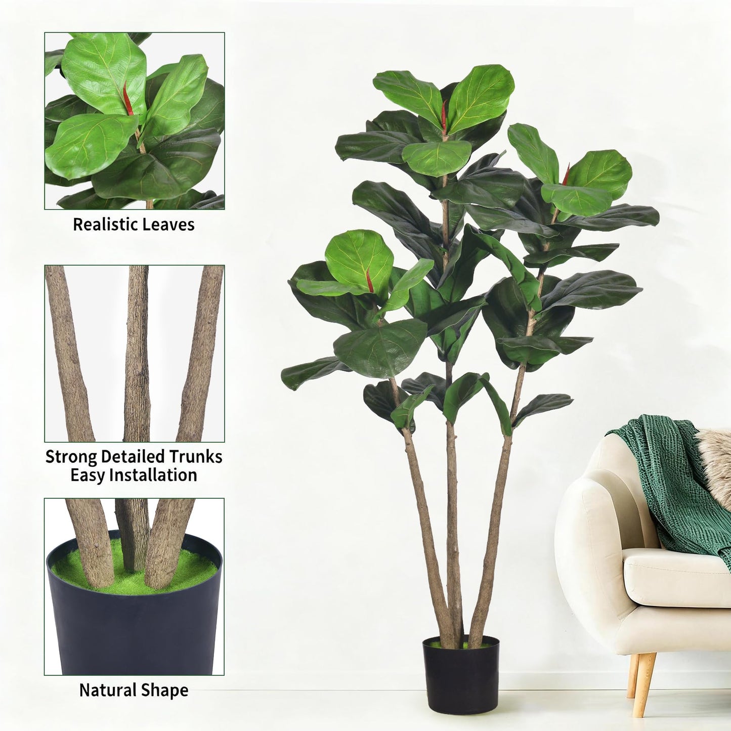 Artificial Fiddle Leaf Fig Tree, 5Ft Faux Floor Plants Fake Tropical Tree with Pot for Indoor Outdoor Office House Living Room Home Decor