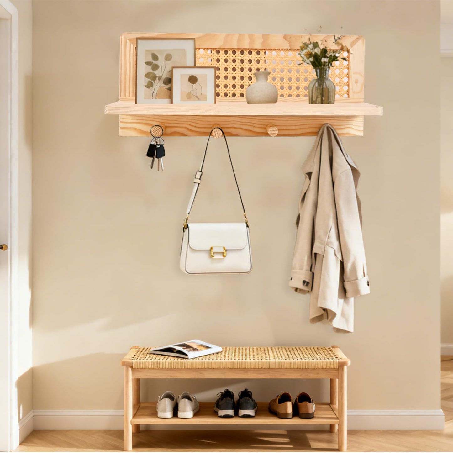 ZELURA Rattan Wall Shelf with Hooks, Boho Entryway Organizer, Floating Storage