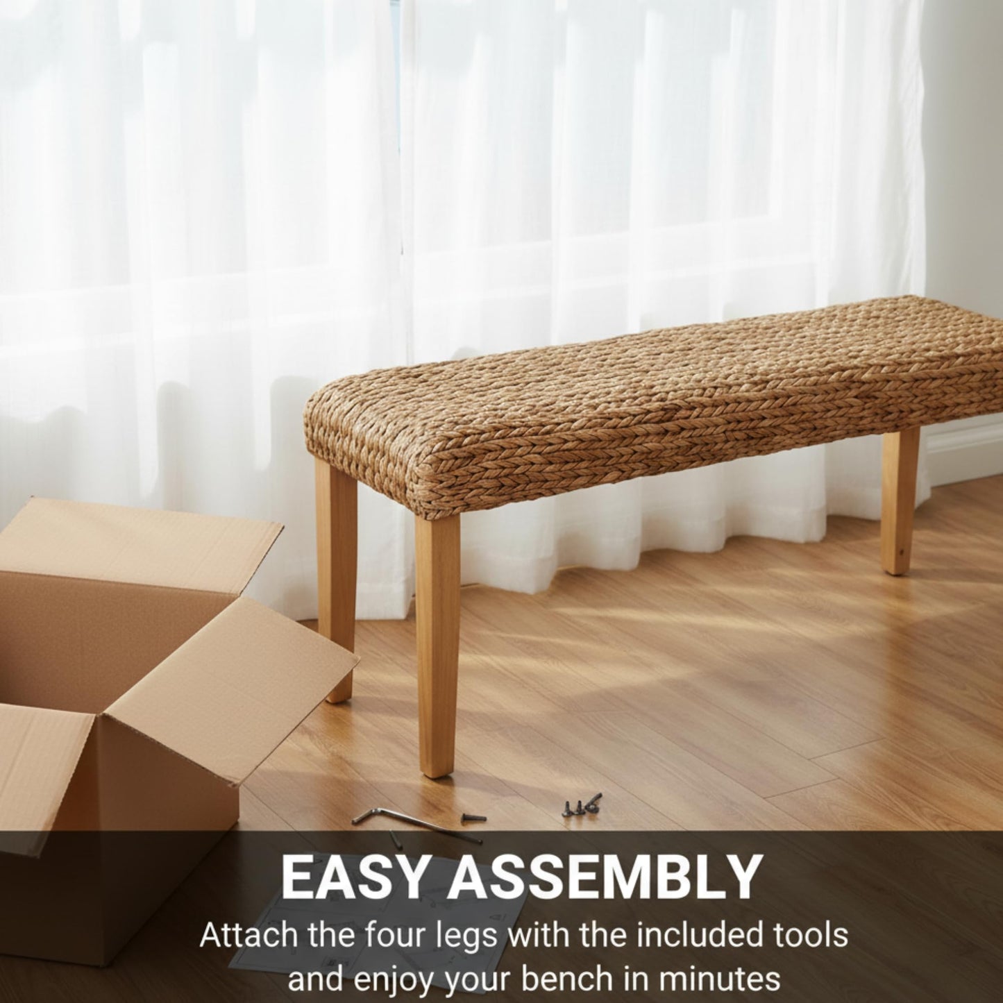 Solid Wood Acacia Indoor Bench with Natural Woven Seat, 47 Inch Wood Bench for Living Room or Entryway Benc, Bedroom End of Bed Bench or Dining Benches, Window Bench (Fishbone, Water Hyacinth)