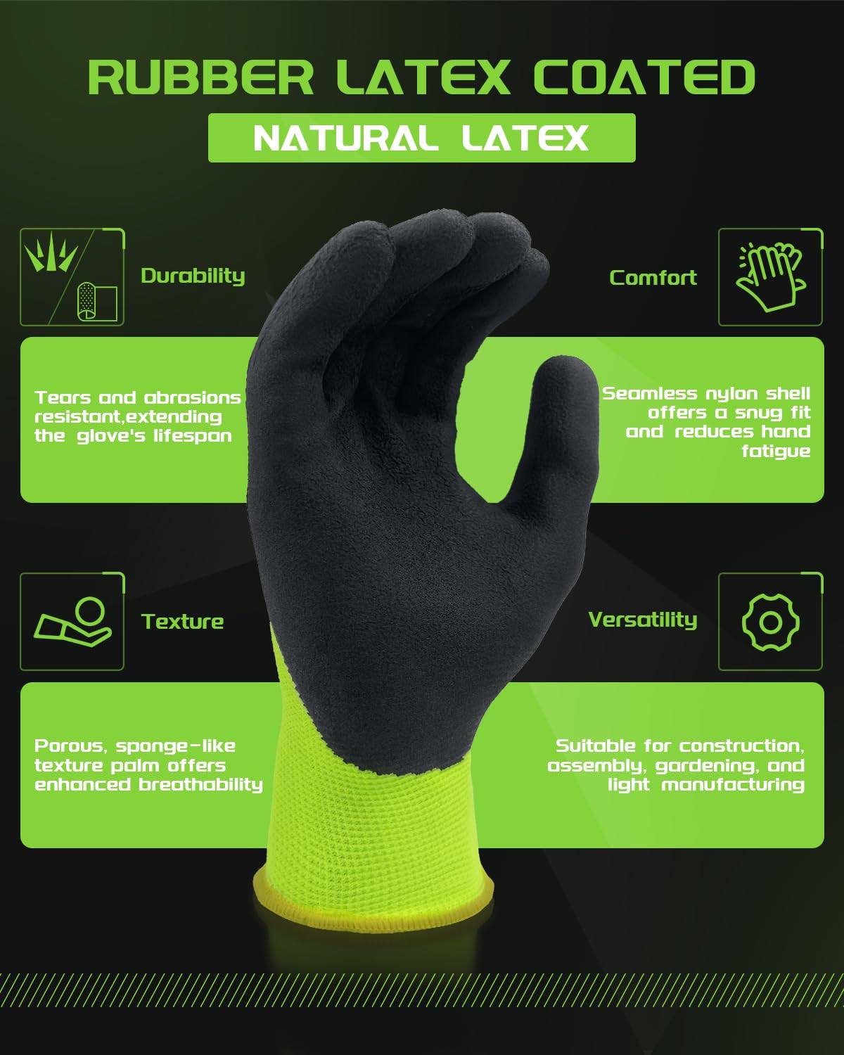 FJDZ SAFETY 13-gauge Seamless Nylon Shell Natural Rubber Foam Latex Coated Work Gloves Precision Handling, Construction, Warehouse,(Lime Green,Small)