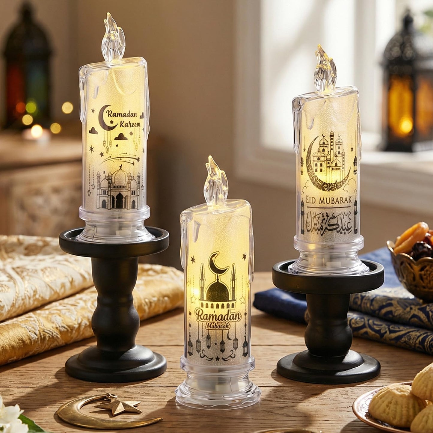 VIHOSE 3 Pcs Ramadan Decorations for Home Eid Mubarak Flameless Candles LED Battery Operated Candles Muslim Moon Decorative Lights for Home Muslim Ramadan Decorations