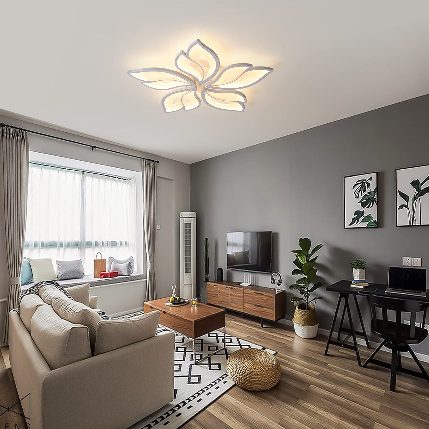 Garwarm Modern Ceiling Light,23.6” Dimmable LED Chandelier Flush Mount Ceiling Lights,Remote Control Acrylic Leaf White Lamp Fixture for Living Room Dining Room Bedroom 60W