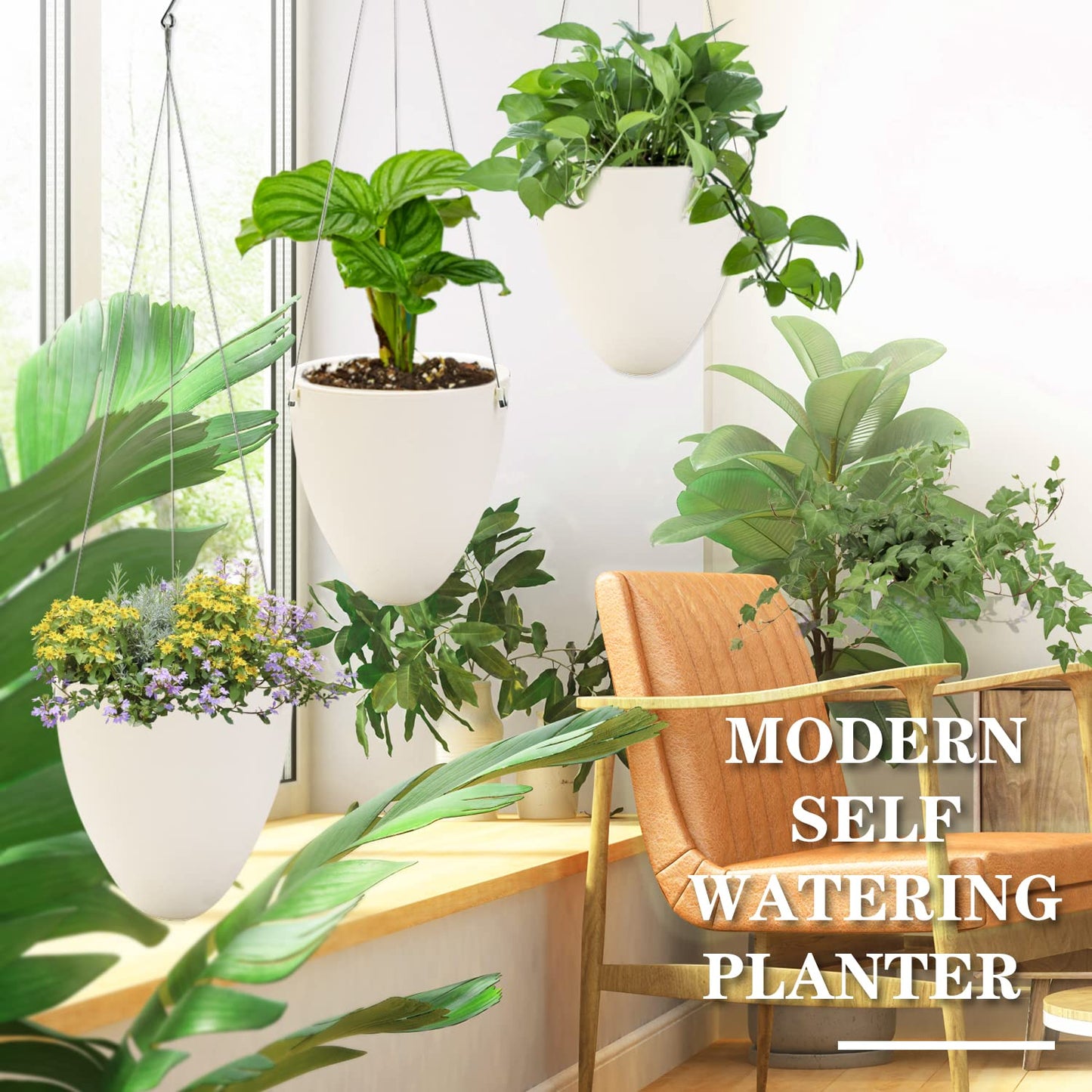 Sungmor 3 Pack Self Watering Hanging Planters, Unique Eggshell Shape Indoor Outdoor Hanging Pots for Plants, Modern White Plastic Flower Pots Home Decor Hanging Basket