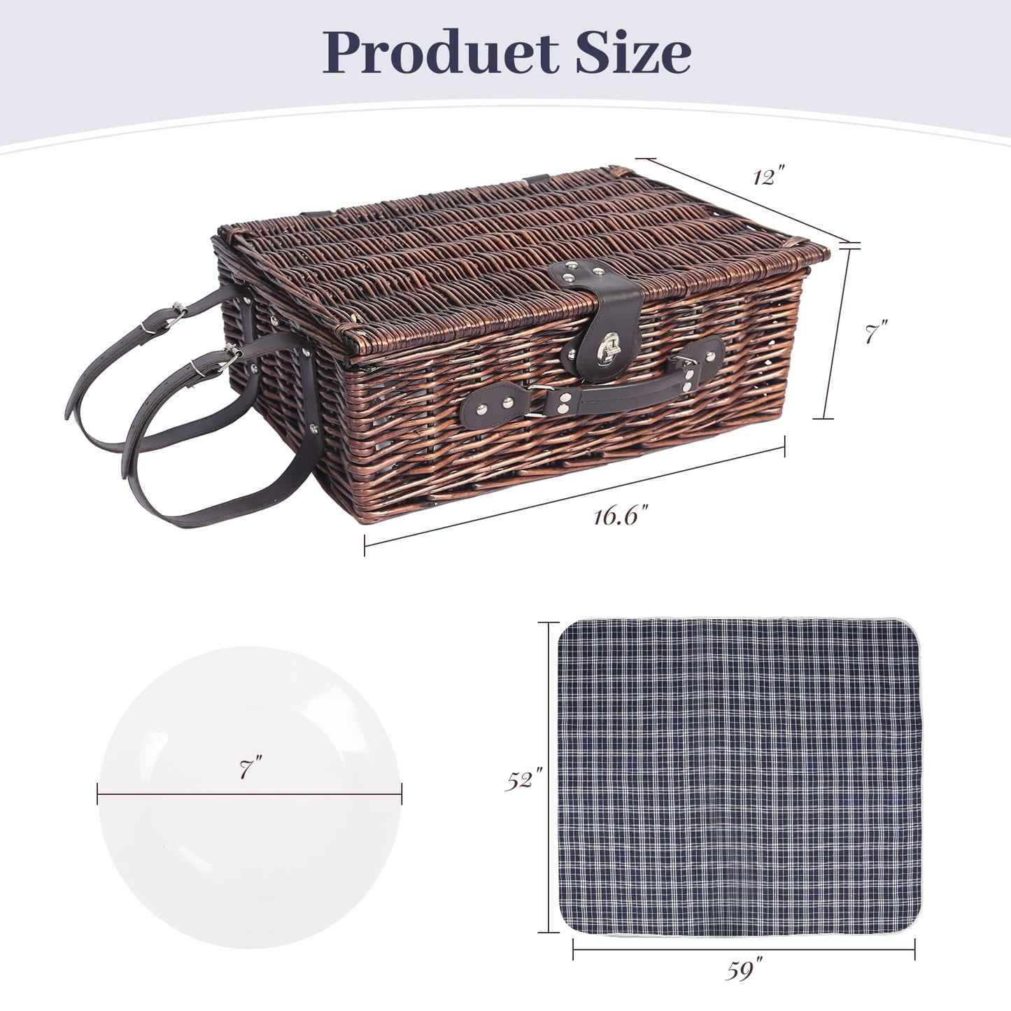 Neti Neti Wicker Picnic Basket for 4 with Insulated Cooler & Waterproof Blanket – Large Willow Picnic Hamper for Outdoor, Camping, Beach, Romantic Dates, Valentine’s Day