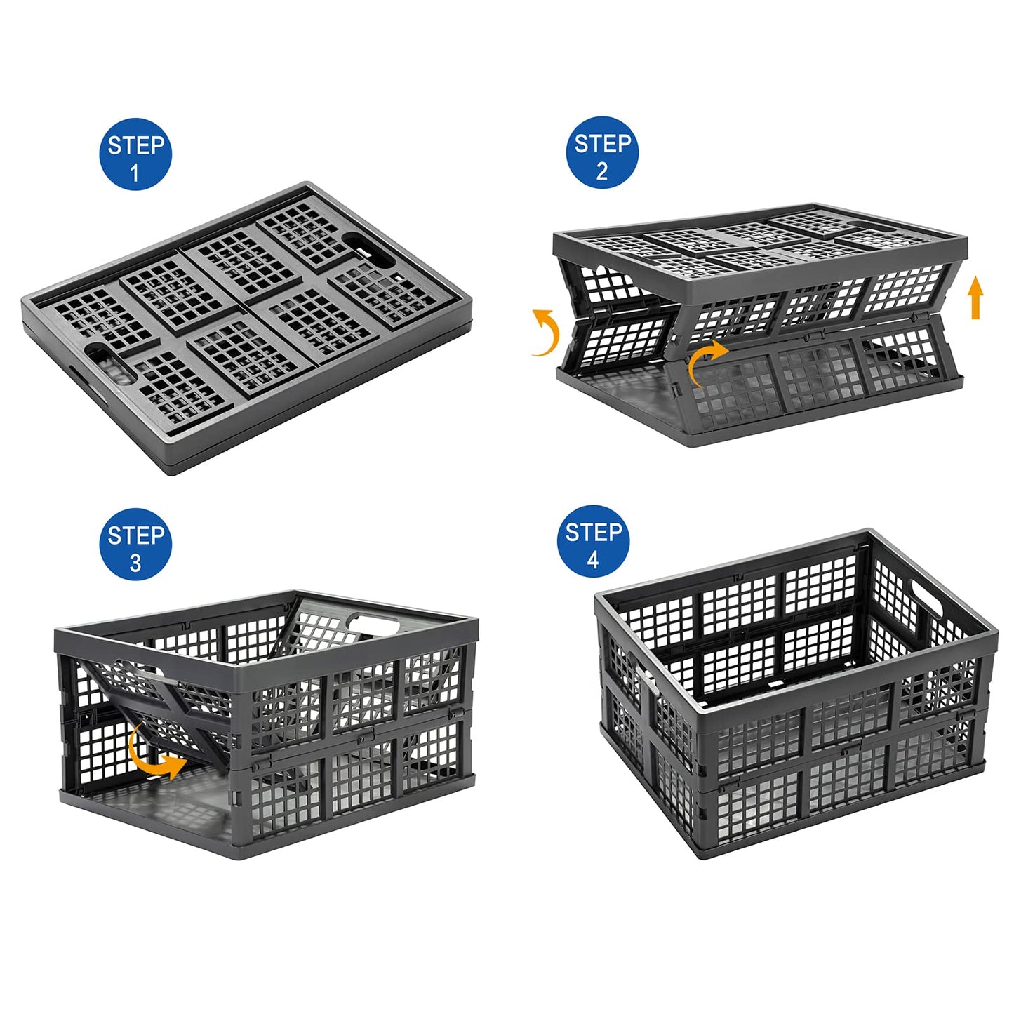 Eslite 34L Large Plastic Folding Storage Crates,Collapsible Crates for Storage,Pack of 3 (Grey)