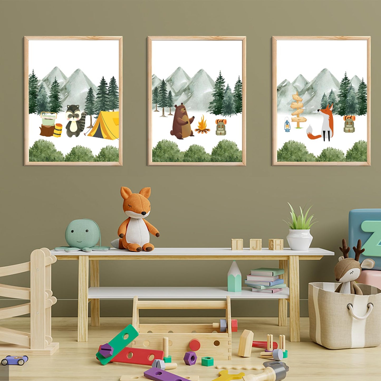 3Pcs Woodland Animal Nursery Canvas wall art Cute Bear Fox Raccoon Poster Print Safari Nursery Wall Decor Forest Animals Camping Campfire pictuer painting Boys Kids Room Home Decoration12*16In Unframed