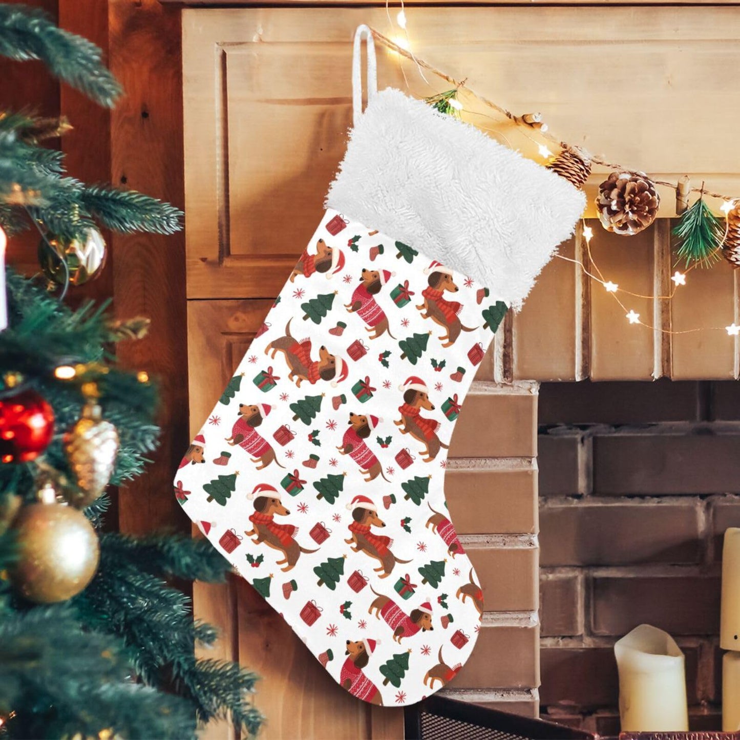 JUDIAN Christmas Stocking 18 inch with White Cuff, Classic Hanging Stockings Xmas Stockings Ornament Gifts for Fireplace Mantel, Holiday Decorations for Family, Party, Gift Giving (1 Pcs)