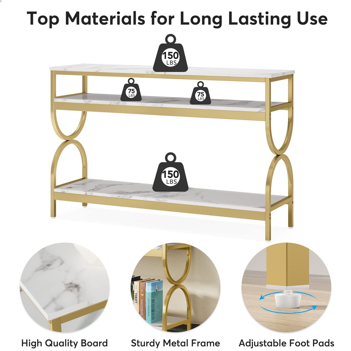 Tribesigns 3-Tier Console Table, 55 inch Sofa Table with Open Storage Shelves, Narrow Long Hallway/Entryway Table with Faux Marble Top for Home Living Room Entryway, White & Gold
