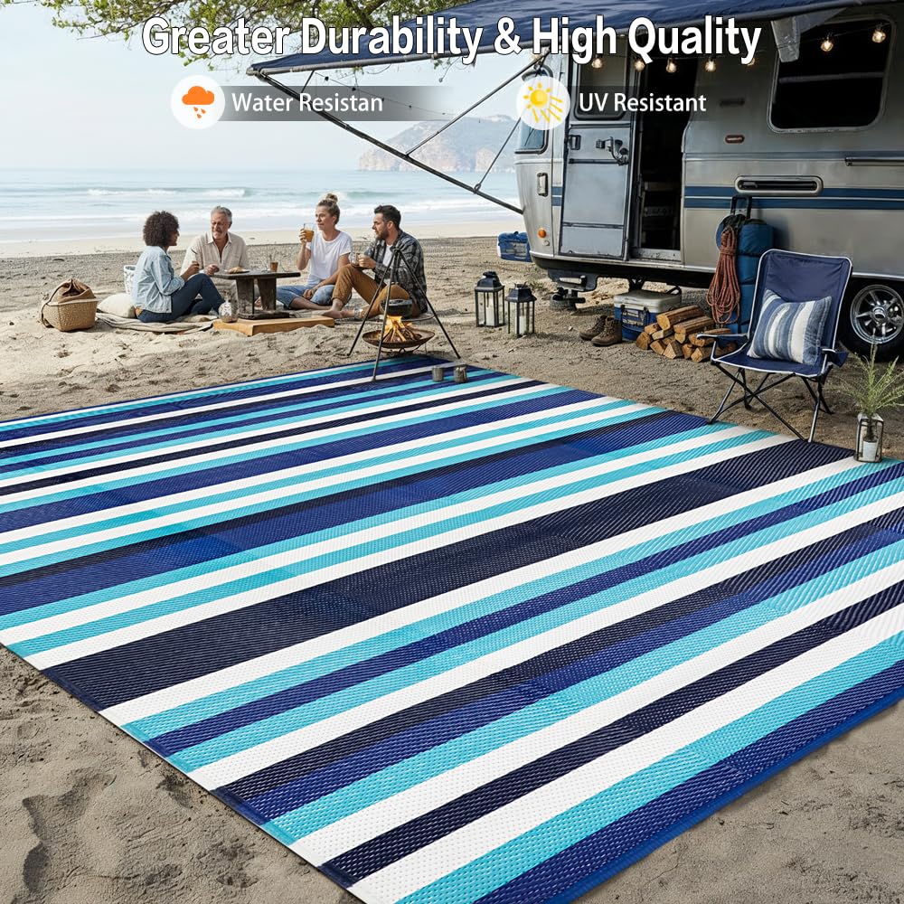 HUGEAR Outdoor Waterproof Rug 9'x12' Plastic Straw Rugs Washable Reversible Floor Mat Blue Stripe Carpet for Camping RV Deck Entryance Porch Picnic Balcony Beach Backyard
