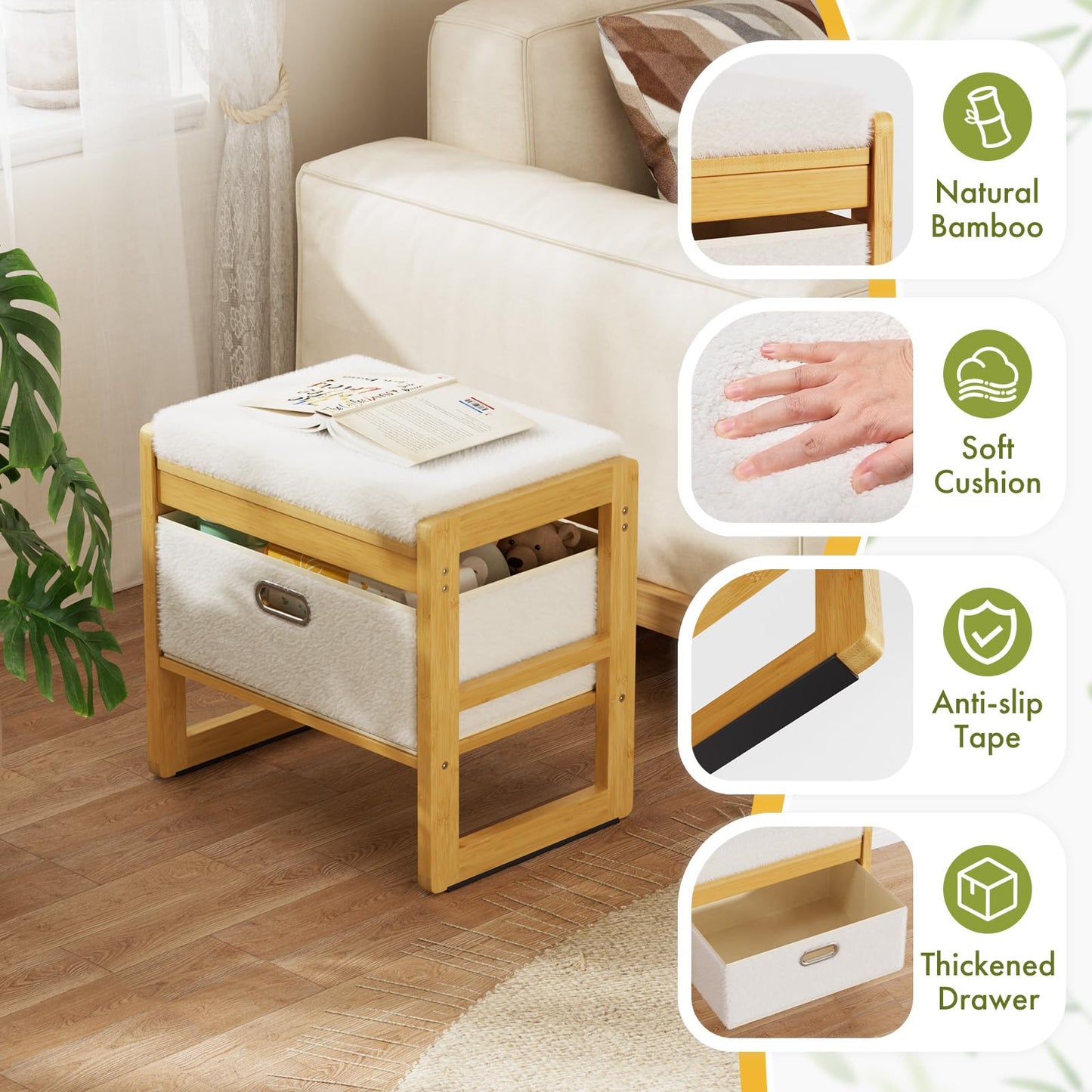 Atoping Storage Ottoman, Bamboo Footstool with Drawer, 3-in-1 Soft Ottoman with Storage, Multifunctional Footrest, Seat & Organizer for Living Room, Bedroom, Entryway Gift Set for Family
