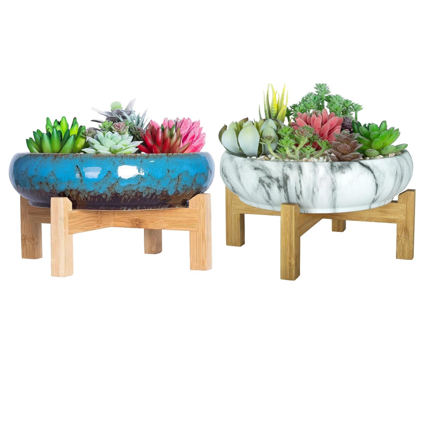 ARTKETTY 2 Pack Large Bonsai Pots with Drainage, Shallow Succulent Plant Pots with Stand, Ceramic Pots for Indoor Plants, Decorative Cactus Flower Planter Bowl