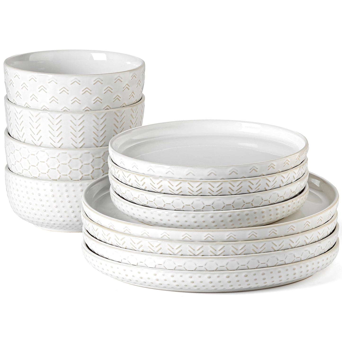 Stoneware Dinnerware Sets Service for 4, 12 pcs Reactive Glaze Plates and Bowls Sets, Embossed Boho Ceramic Dish Set, Highly Chip and Crack Resistant Farmhouse Plate Set, Ivory White