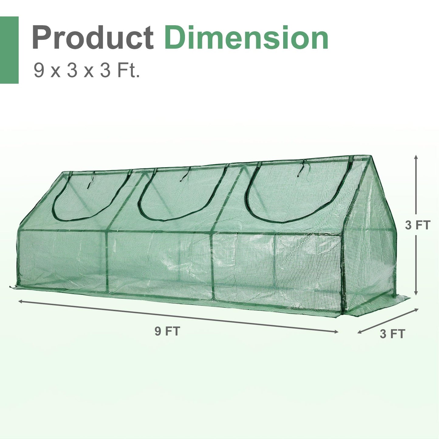 Aoodor 9 x 3 x 3 ft Mini Greenhouse with 3 Zipper Doors, Water-Resistant, UV-Protected for Flowers, Vegetables, and Herbs, Green