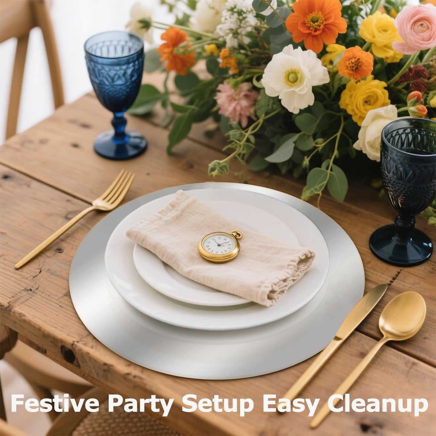 50PCS Silver Paper Placemats for Dinner Plates, 13 Inch Round Disposable Chargers, Shiny Holiday Place Mat for Dining Table Setting Valentine's Day Weddings Birthday Parties Kitchen Banquet Decor