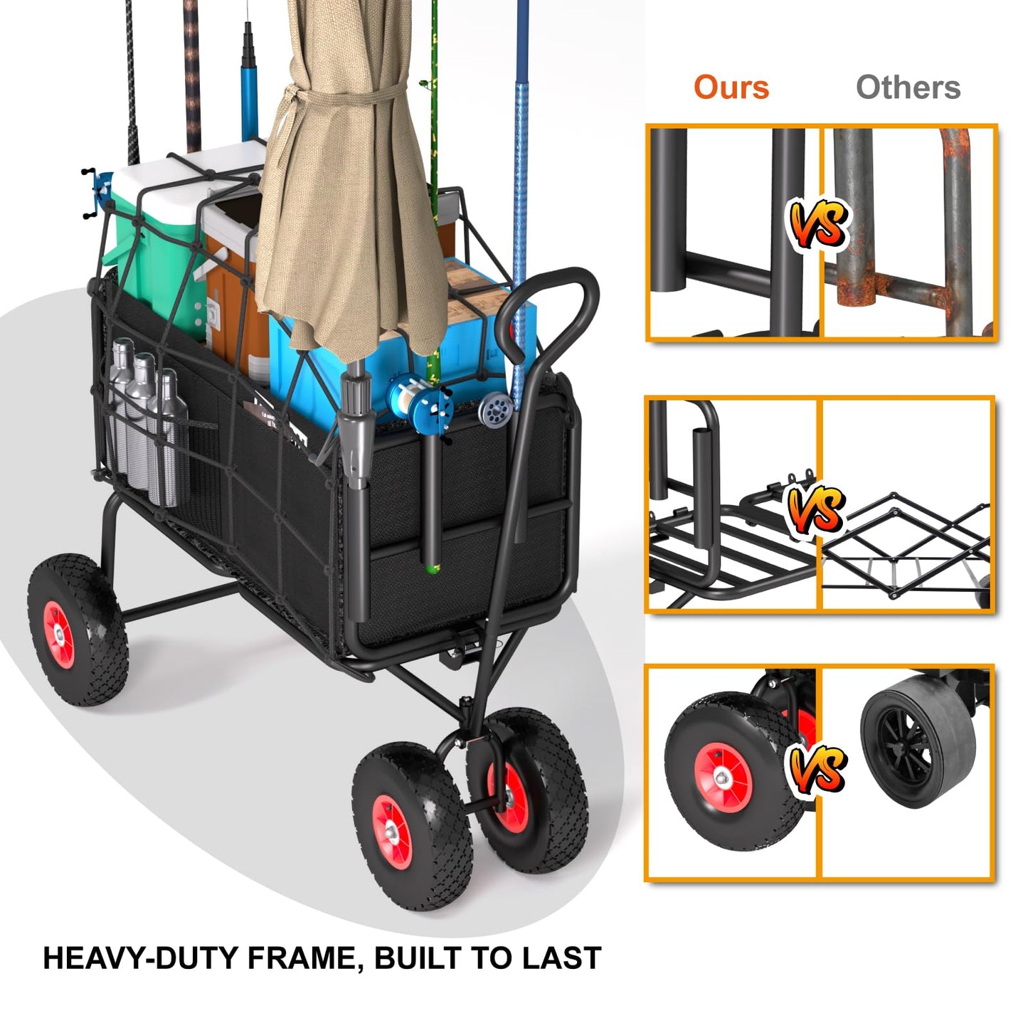 3 in 1 Beach Fishing Cart, Heavy Duty Garden Carts w/All Terrain Inflatable Tires, Folding Wagon Cart, Convert to Chair or Bench with Cushion, Rod Holders and Durable Oxford Bag