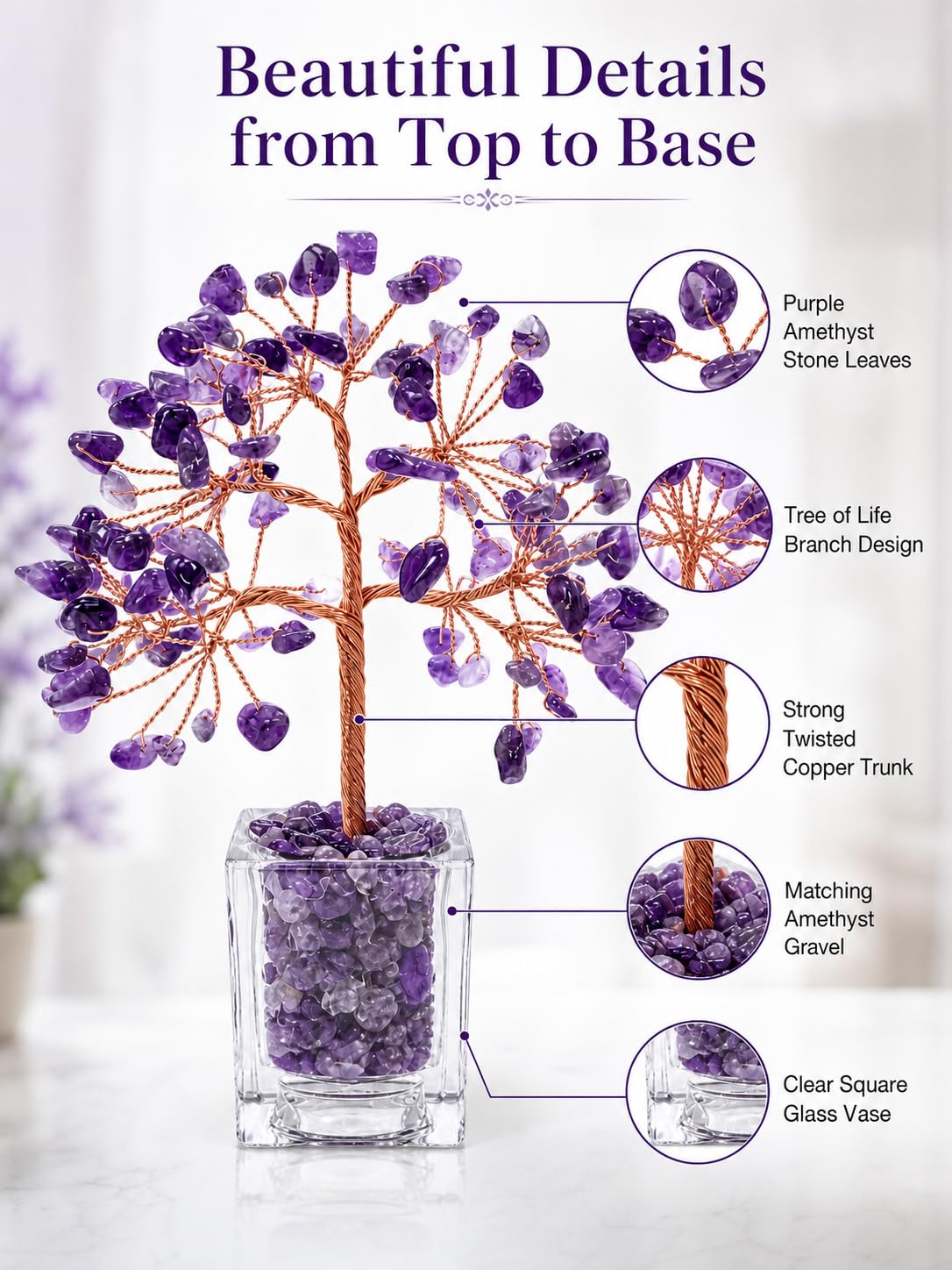 RJVZUKL Natural Amethyst Crystal Tree of Life, Purple Money Tree with Clear Acrylic Base, Handmade Copper Wire Bonsai, Feng Shui Desk Decor, Good Luck Gifts for Women Mom Sister