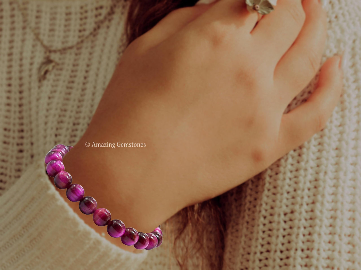 Amazing Gemstone Crystal Bracelet for Women Men's Gifts - Protection Healing Crystal Bracelet - 8mm Gemstone Beaded Stretchable Bracelet Pulseras Para Hombres Mujer Stocking Stuffers Mothers Day Gift (Pink Tiger Eye)
