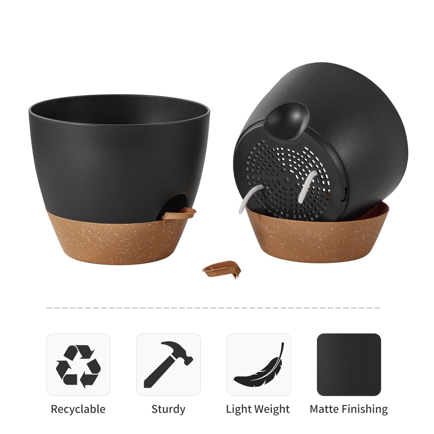 FaithLand 3-Pack Large Planter Pots, 12 10 9 Inch Self Watering Flower Pots for Indoor Outdoor Garden Plants, Black with Brown