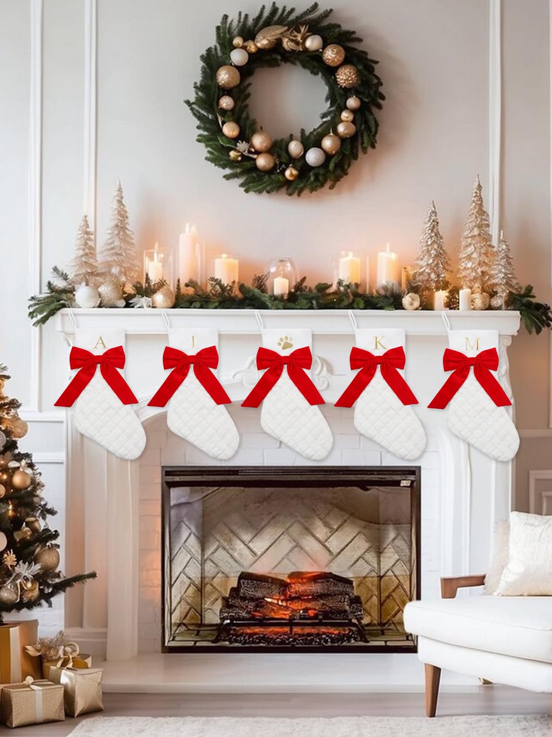 Personalized White Christmas Stockings with Initials, 20 Inch Large Xmas Stocking with Gold Embroidered and Red Bow, Hanging Stocking Decorations for Christmas Tree Fireplace Holiday Party(C)