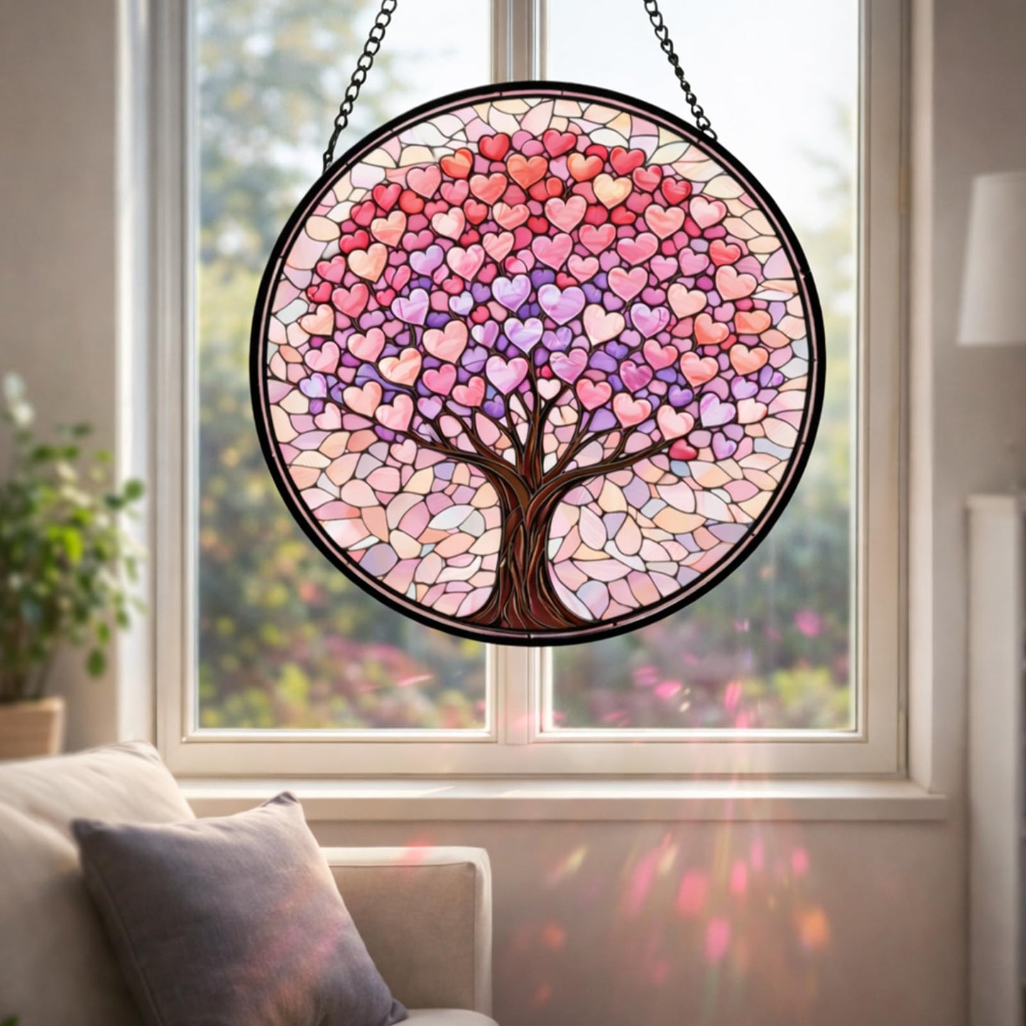 Round Heart Tree Stained Glass Style Suncatcher Pink and Purple Love Tree Window Hanging Decorative Sun Catcher Panel for Home Decor Mothers Day Valentines Day Gift 6.3Inch