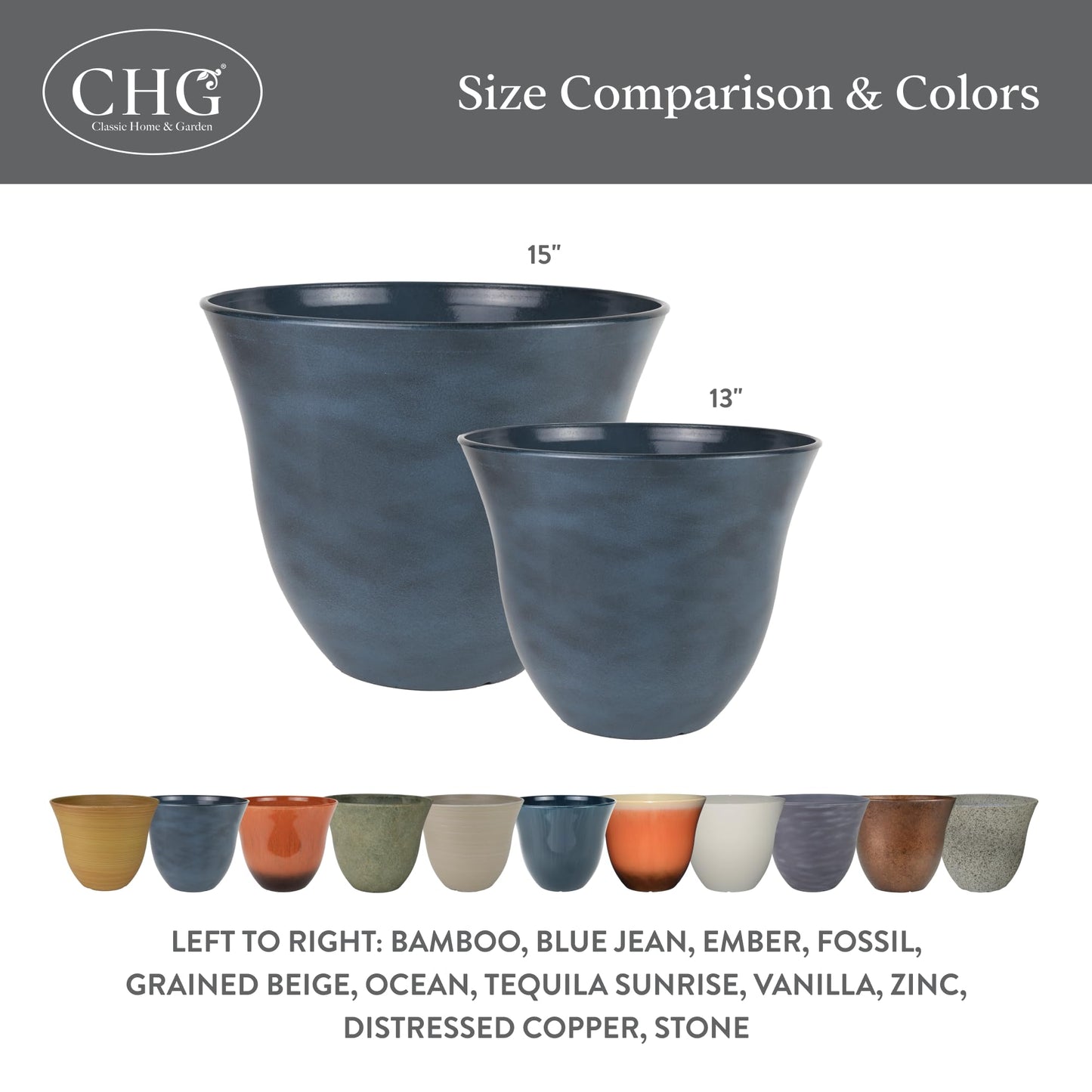 Classic Home and Garden Honeysuckle Resin Planters - Lightweight Indoor & Outdoor Plant Pots - UV-Resistant Plastic Flower Pots - Pot Planters for Flowers & Herbs (15" Blue Jean)
