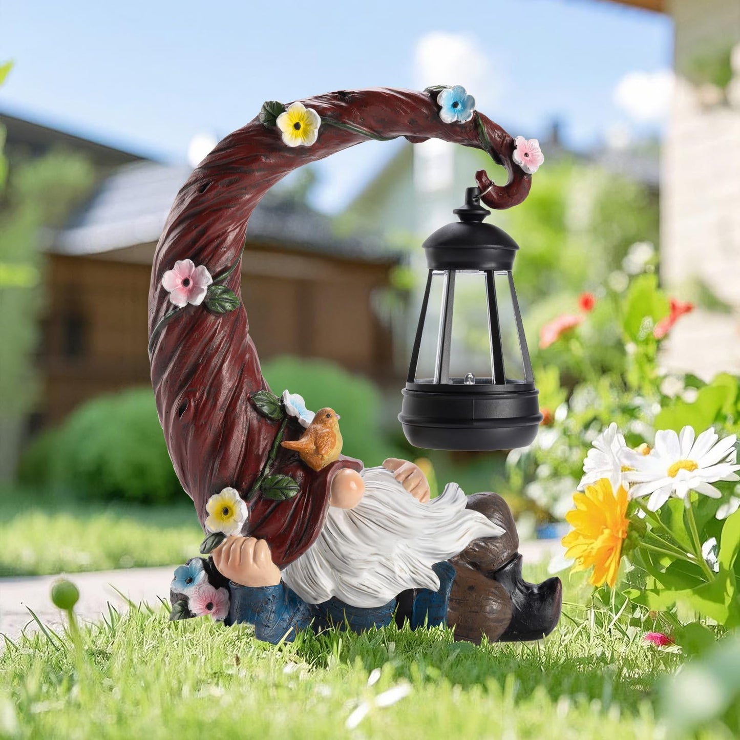 twinbling Garden Gnomes Outdoor Statue with Solar Light, Waterproof Resin Gnome Decor, Funny Garden Sculptures for Patio Lawn Yard, Mom Gifts for Mother’s Day Housewarming