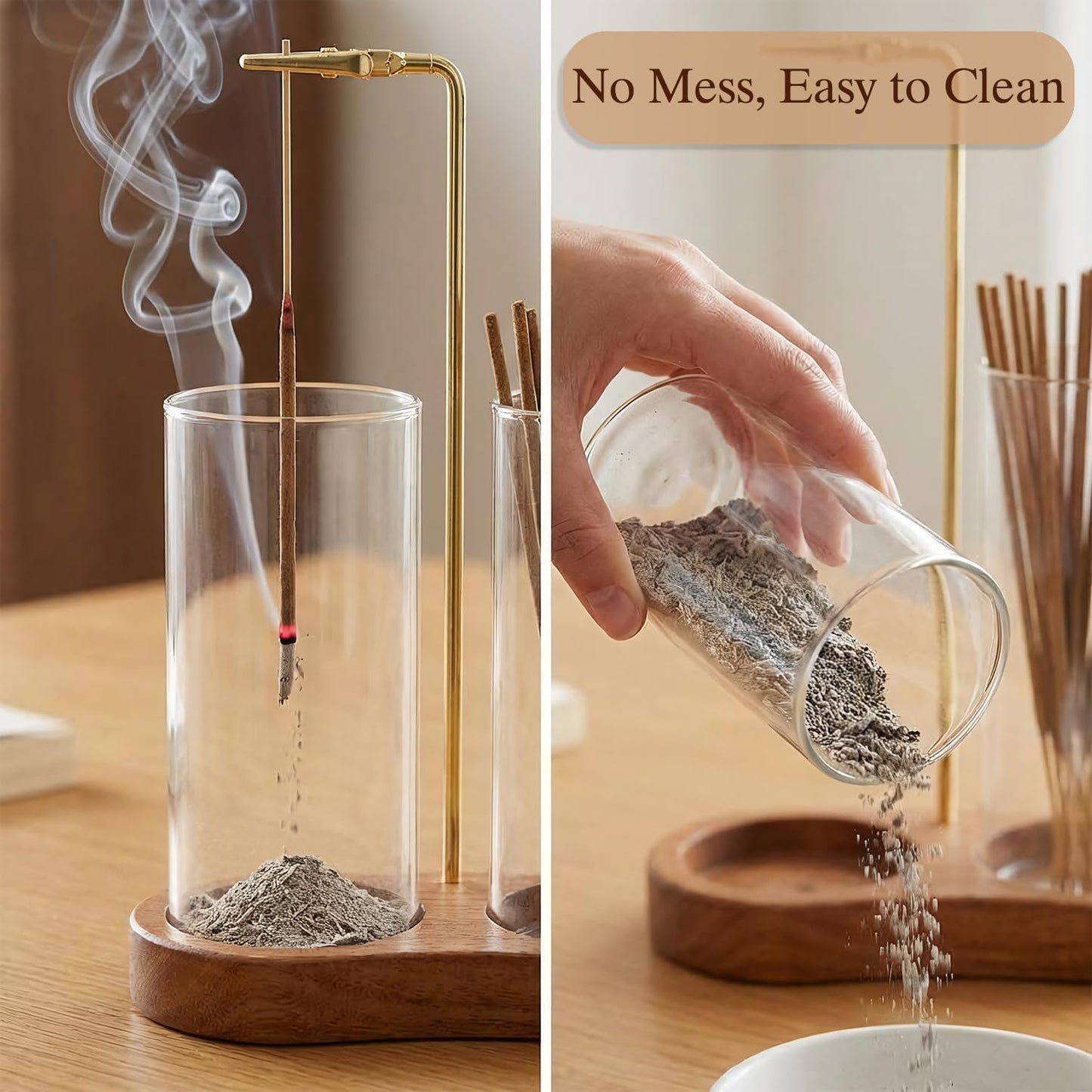 Incense Holder for Sticks with Glass Ash Catcher - Upside Down Anti-Ash Flying Incense Burner & Stick Storage Organizer, Ideal for Meditation, Yoga, Zen Home Decor, Spa Relaxation Gift (Natural Wood)
