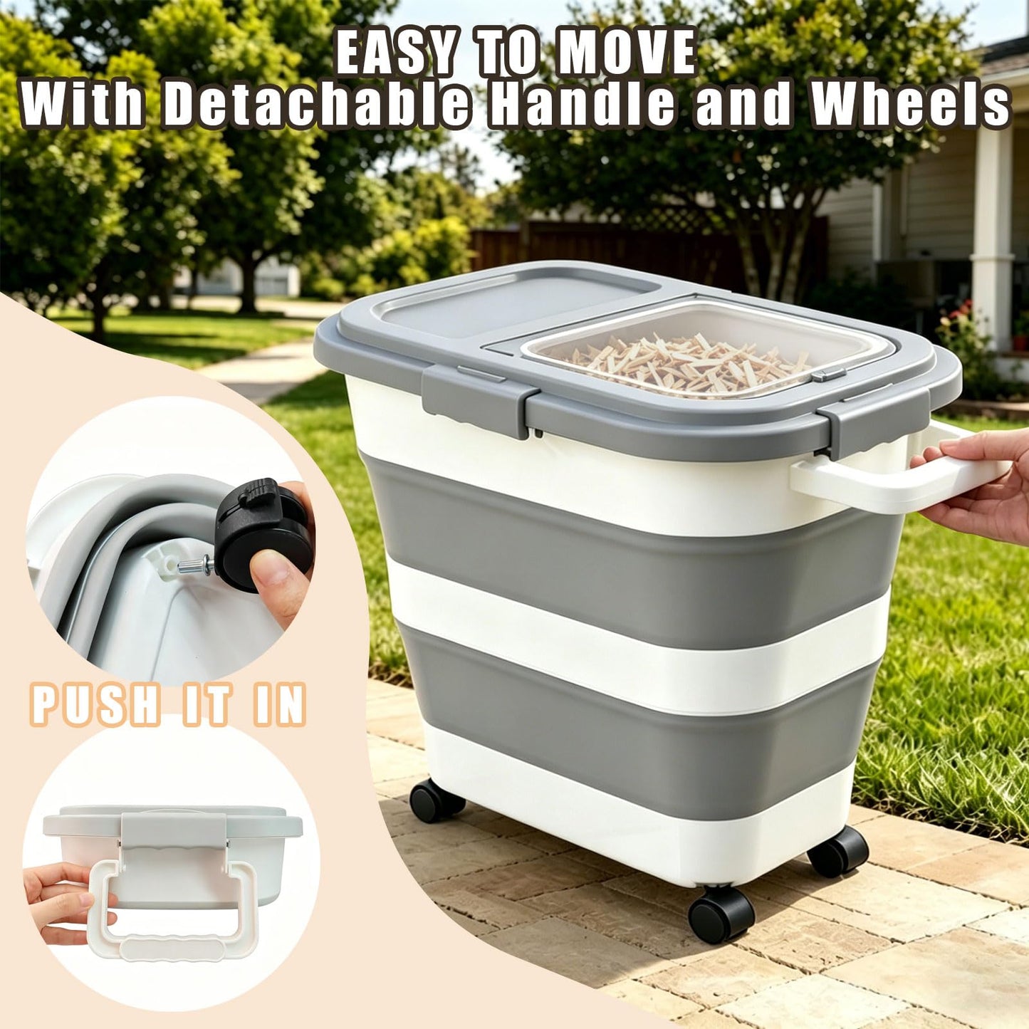 Wood Pellet Storage Containers 35lbs, Collapsible Pellet Storage Bin with Scoop and Label Stickers, Charcoal Storage with Locking Lid Clear Window, Smoker Pellet Storage Pellet Bucket Grill Accessory