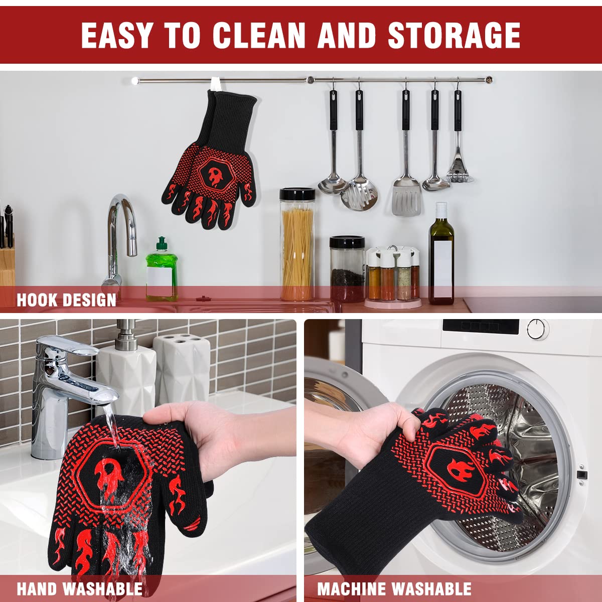 BBQ Grill Gloves : 1472 ℉ High Temp Resistance Fireproof Glove for Grilling Barbecue - Washable Long Silicone Oven Mitts Extreme Hot Proof Mittens for Kitchen Cooking Baking