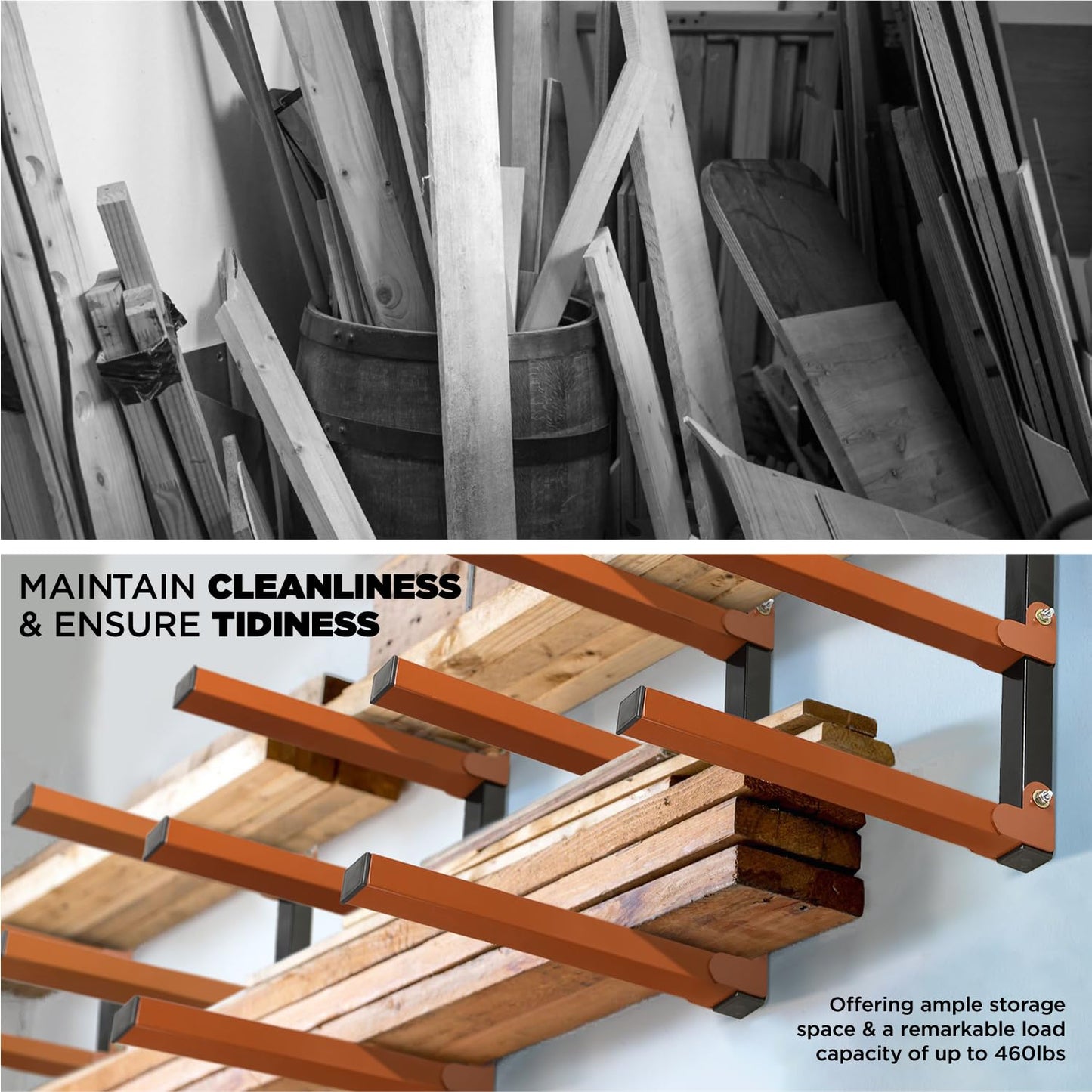 WIMART Lumber Storage Metal Rack Wall, Heavy Duty 3-Level Wall-Mounted Wood Rack Organizer for Garage Workshop and Shed (4 Pack)