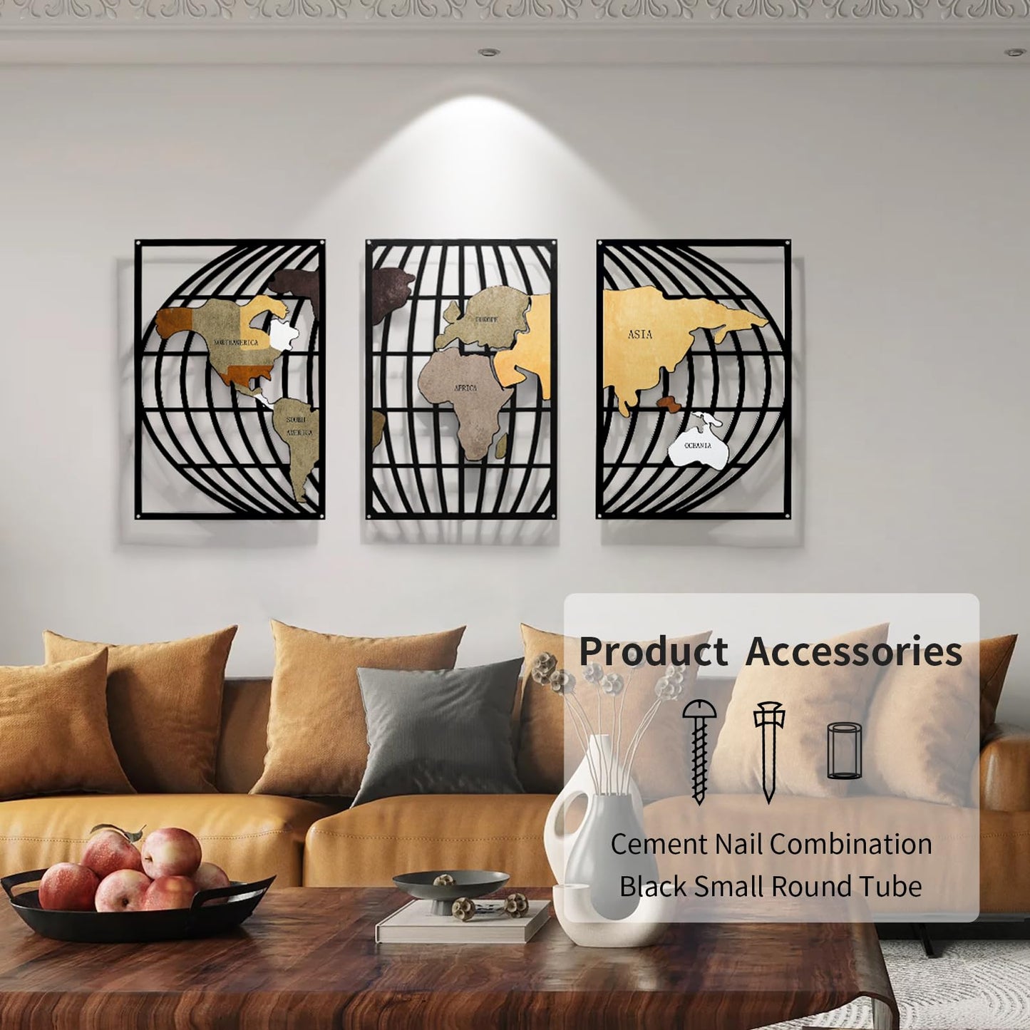 FIXNEO Metal Wall Art 3 Piece World Map Wall Art for Living Room Modern Globe Pictures Design Decor for Living Room Home Bathroom Office (World Map, 31.8"*15.74")
