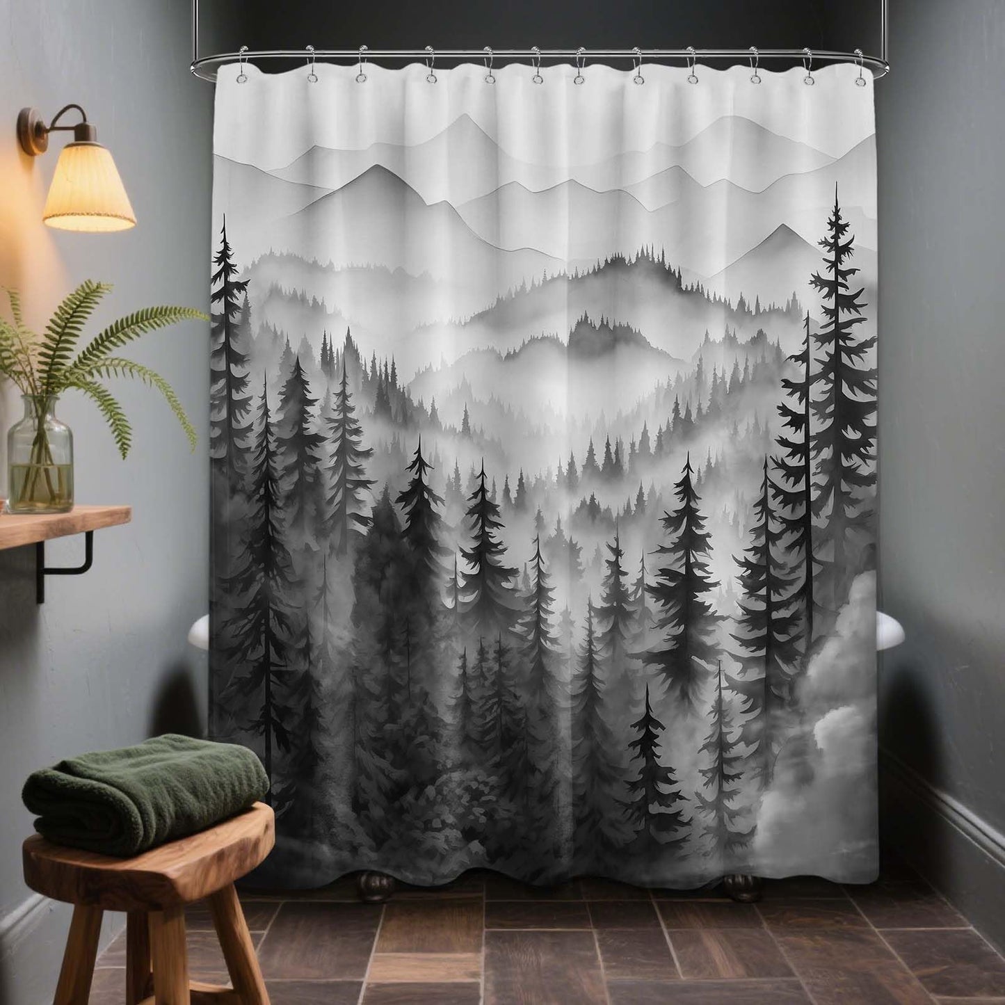 QGHOT Mountain Shower Curtain Black and White Forest Nature Shower Curtains for Mens Bathroom Charcoal Grey Rustic Woodland Pine Tree Cool Bath Decor Sets, Waterproof Fabric with Hooks, 70x72in