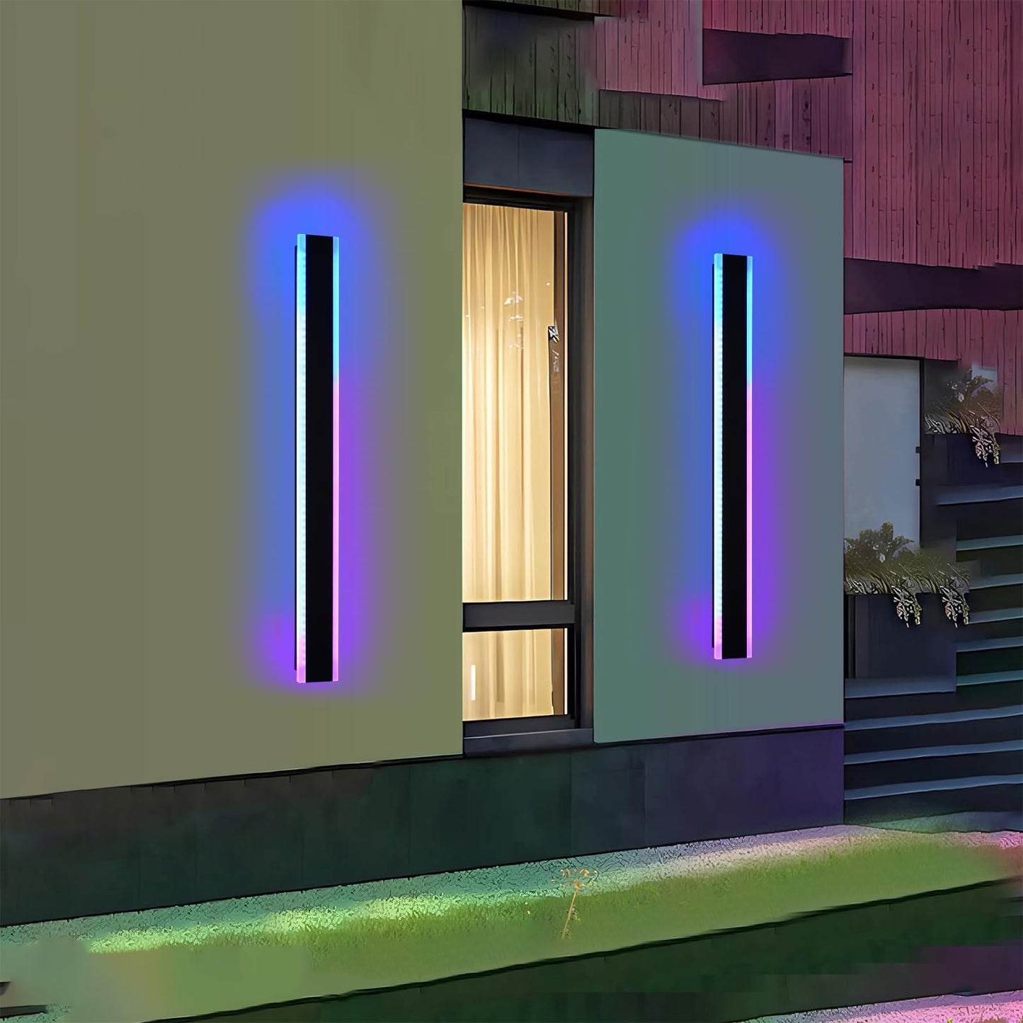 QueeuQ 2 Pack Modern RGB Outdoor Wall Lights for Patio,48 inch Long Outdoor LED Wall Lights,Dimmable LED Long Linear Exterior Lighting,Outside Linear Wall Light for Front Door,Garage,Enterway