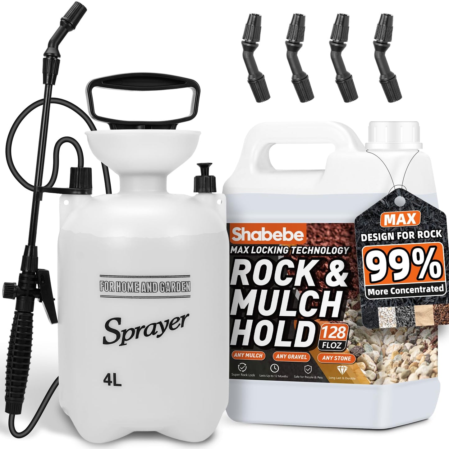 Shabebe Rock Glue, 1Gallon Mulch Hold for Landscaping with Sprayer, 99% Ultra Stick Pea Gravel Stabilizer Landscape, Non-Toxic Rapid-Dry Landscape Binder, Dries-Clear Gravel Binder for Pebble Garden