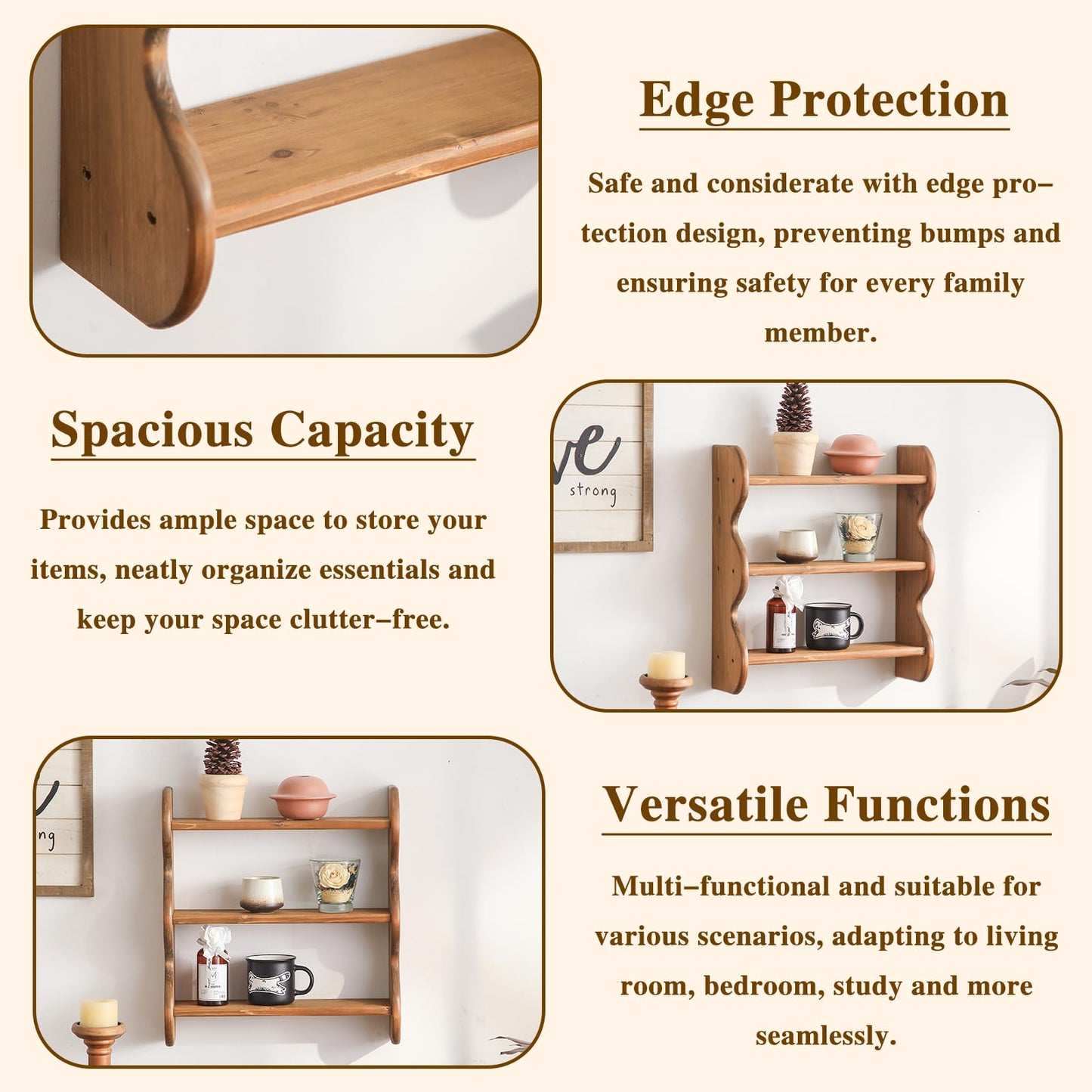 HuiDao 100% Solid Wood Wall Shelf 3-Tier, Rustic Floating Shelves Wall Mounted Storage Rack, Farmhouse Decor Hanging Shelf Display Shelves for Apartment, Living Room and Bedroom