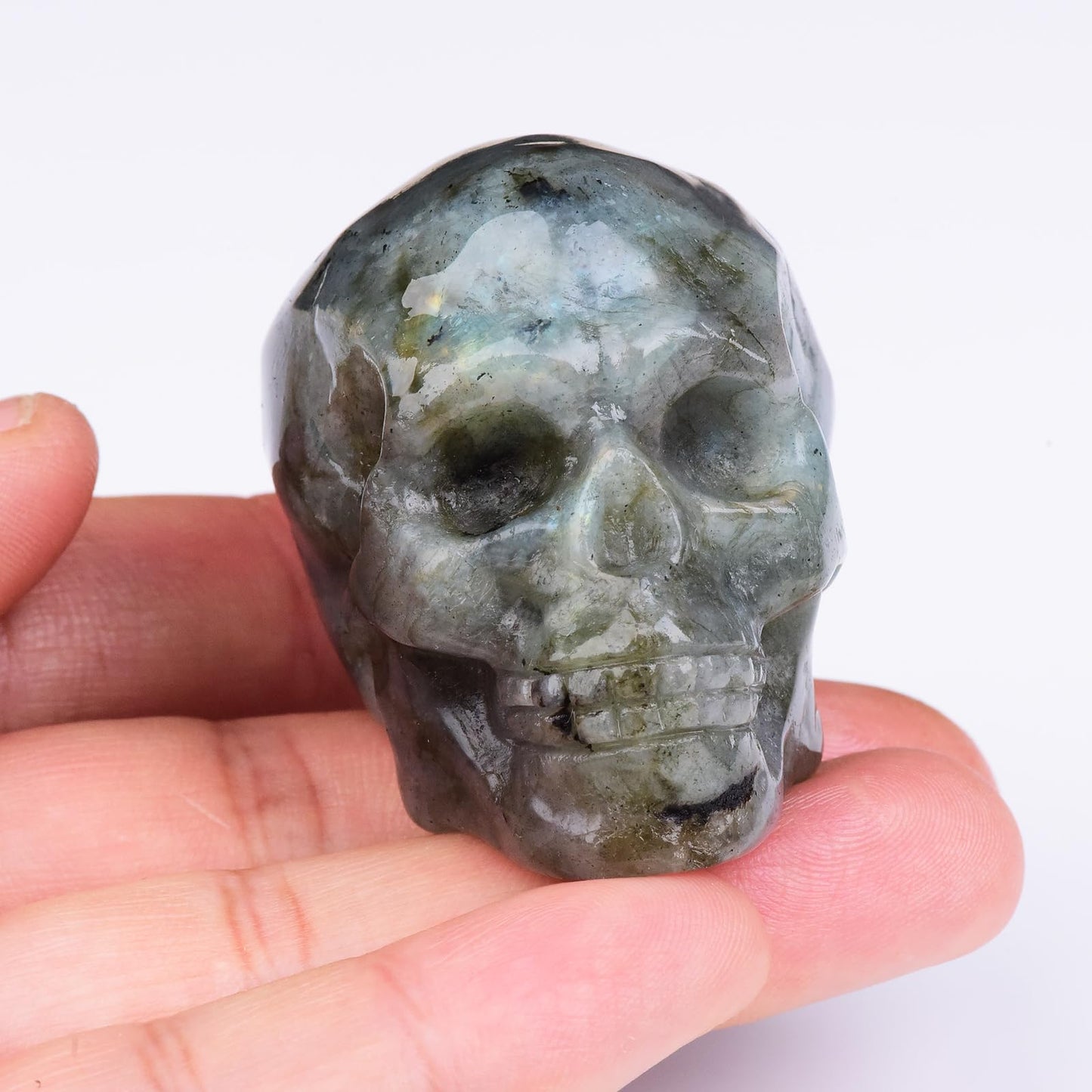 QLRSUXN 2 Inch Labradorite Crystal Skulls Decor,Human Skull Sculpture Statues Healing Crystal Decor,Halloween Skull Figurines,Home Office Decoration Christmas Meditation Gifts for Men Women
