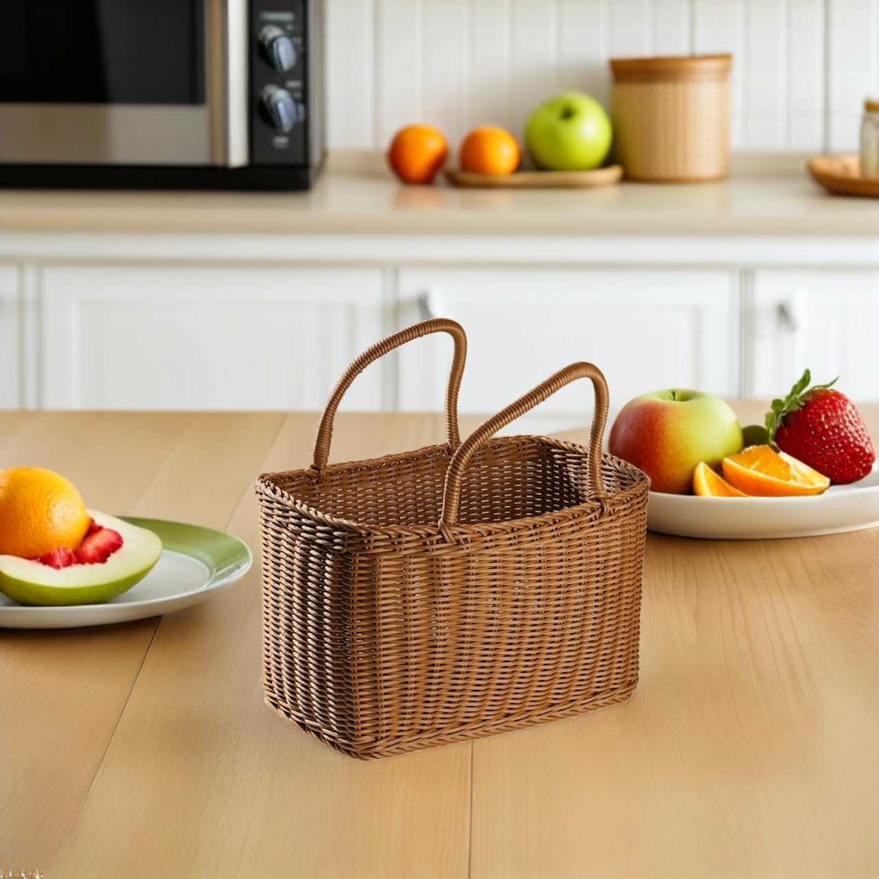 IMIKEYA Plastic Woven Picnic Basket with Handle - Woven Shopping Basket 14.7x7.7x6.7 Inch Store Container for Fruits Food Flowers Bread Organizer