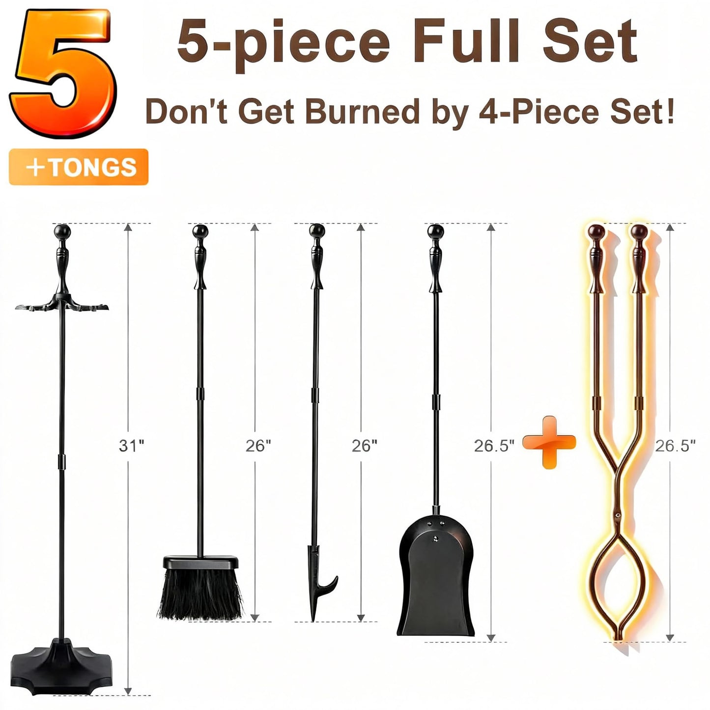 AMAGABELI Garden & Home 5 Pcs Fireplace Tools Set 31 Inch Indoor Black Handle Wrought Iron Large Fire Tool Accessories Set Holder Outdoor Fireset Modern Fire Pit Stand with Poker Brush Shovel Tong